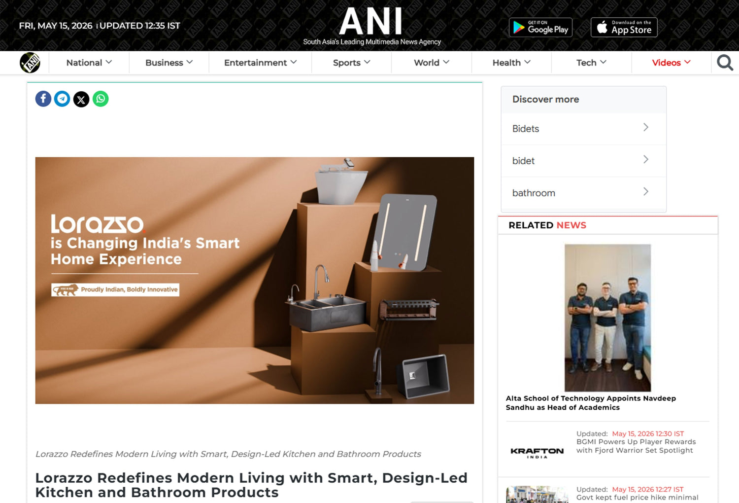 Lorazzo Featured in ANI News for Smart Kitchen & Bath Solutions