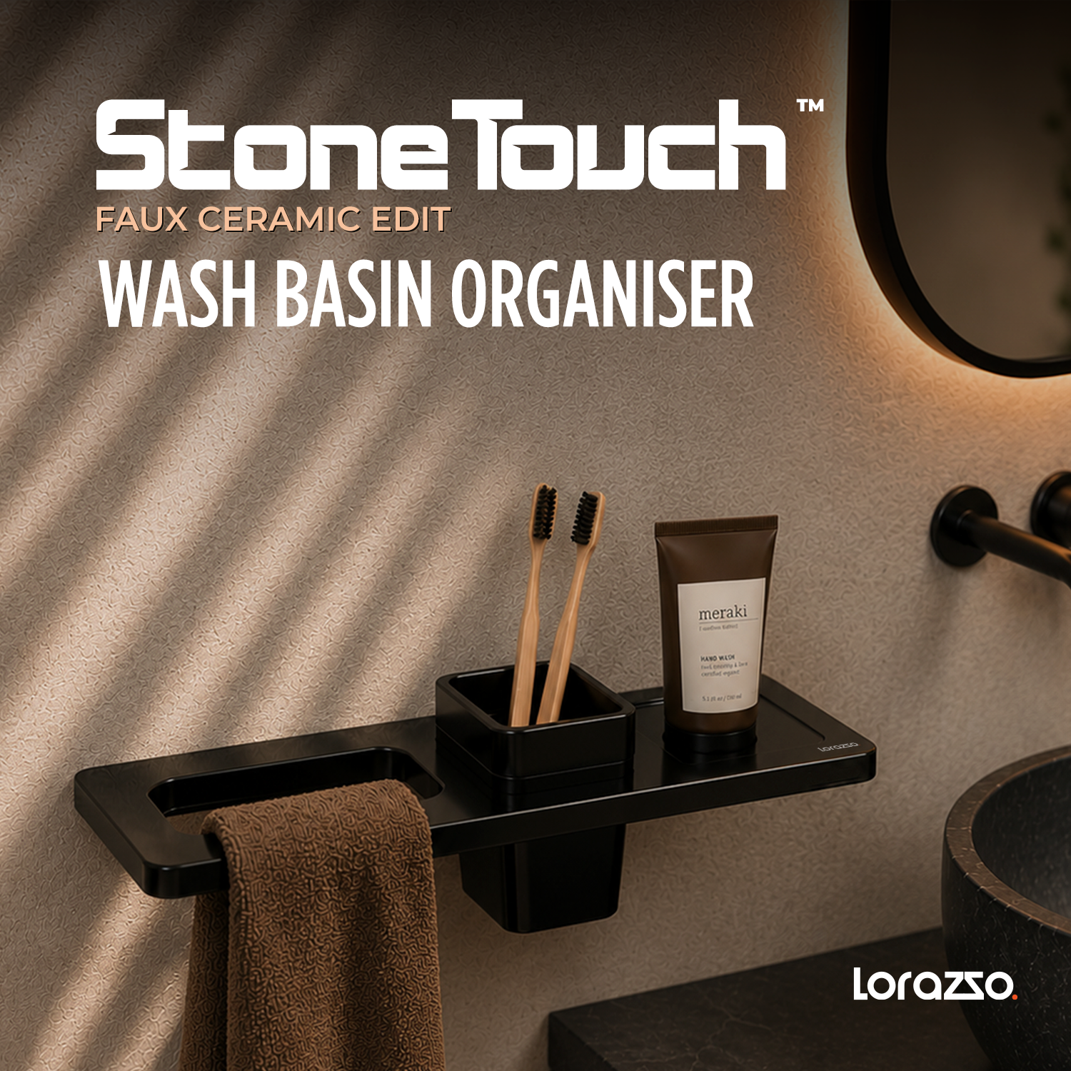 StoneTouch Wash Basin Organiser – Black - Faux Ceramic