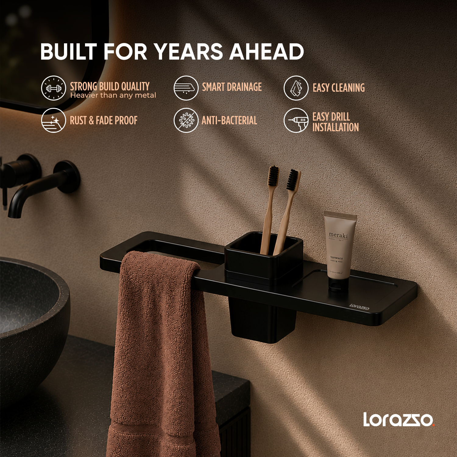 StoneTouch Wash Basin Organiser – Black - Faux Ceramic
