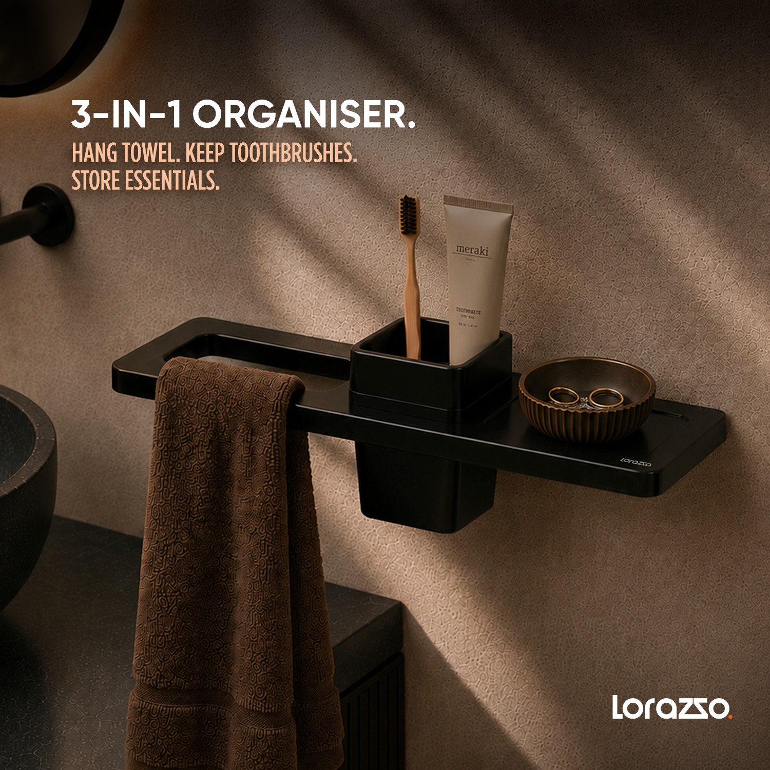 StoneTouch Wash Basin Organiser – Black - Faux Ceramic