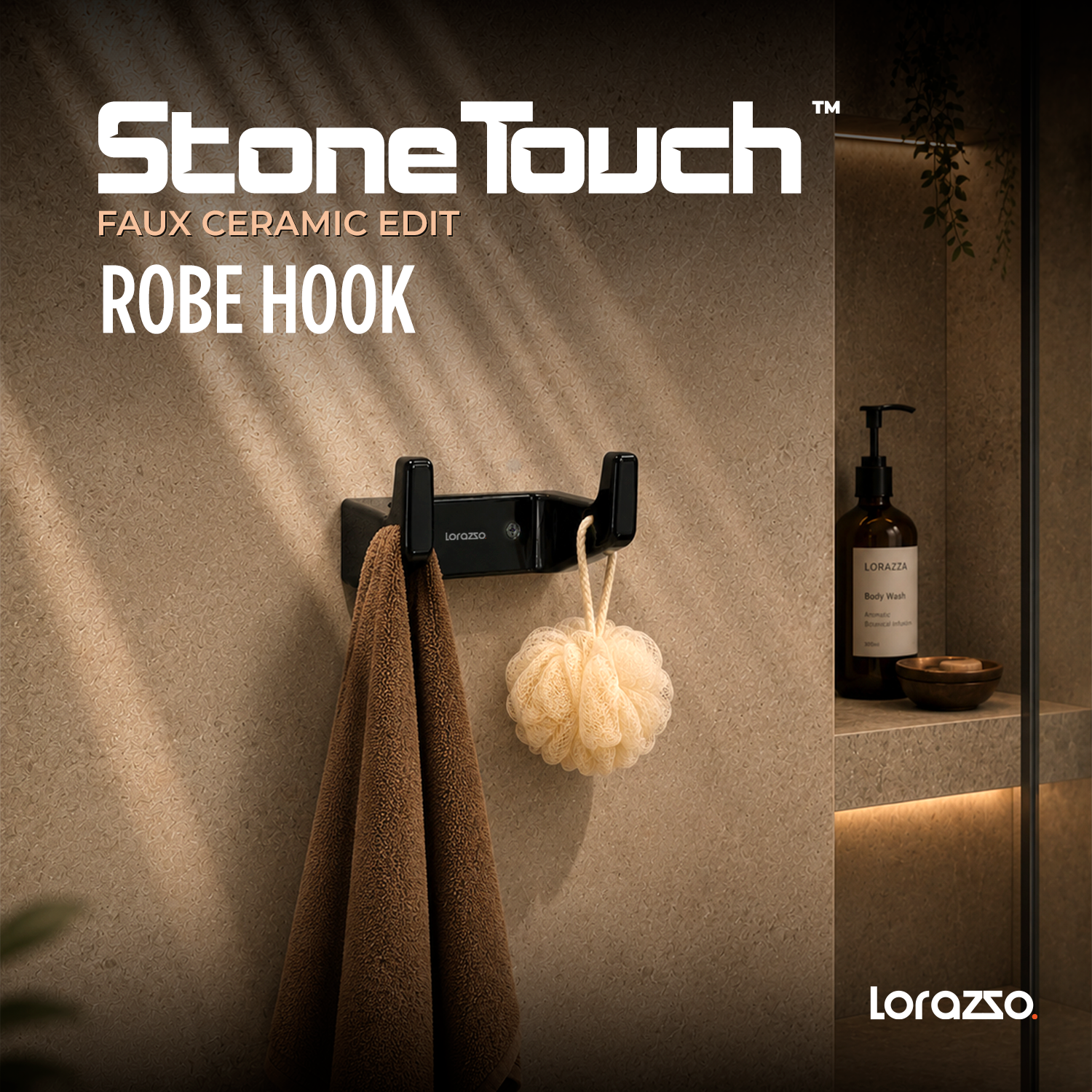 StoneTouch Robe Hooks – Black - Faux Ceramic