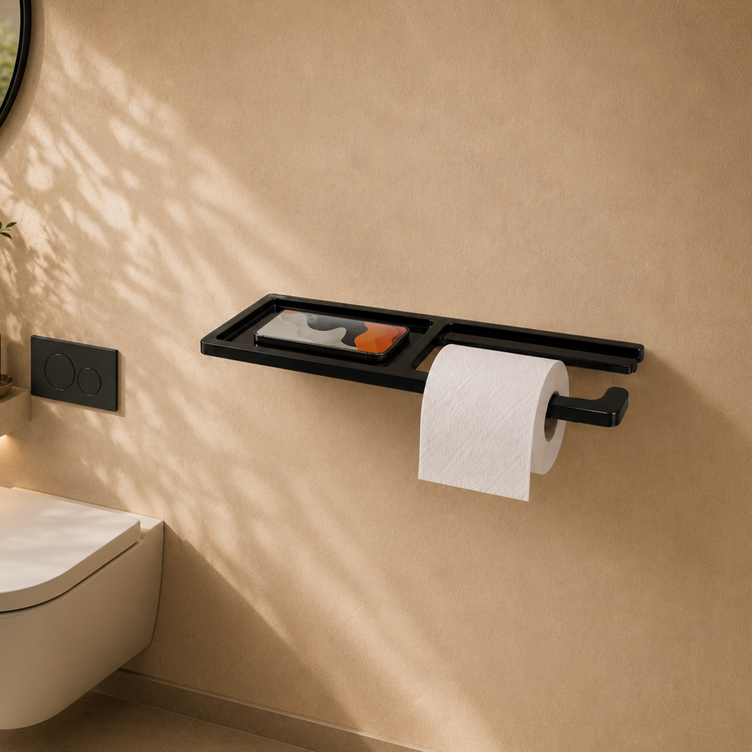 StoneTouch Toilet Paper & Phone Holder - Black - Faux Ceramic