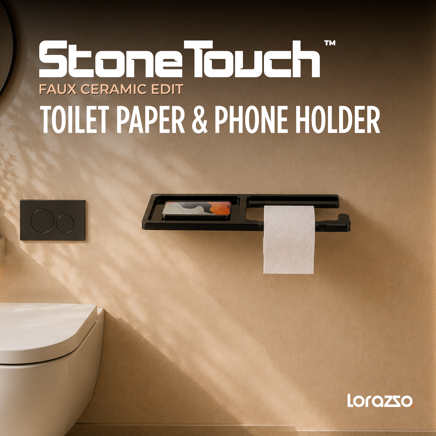 StoneTouch Toilet Paper & Phone Holder - Black - Faux Ceramic