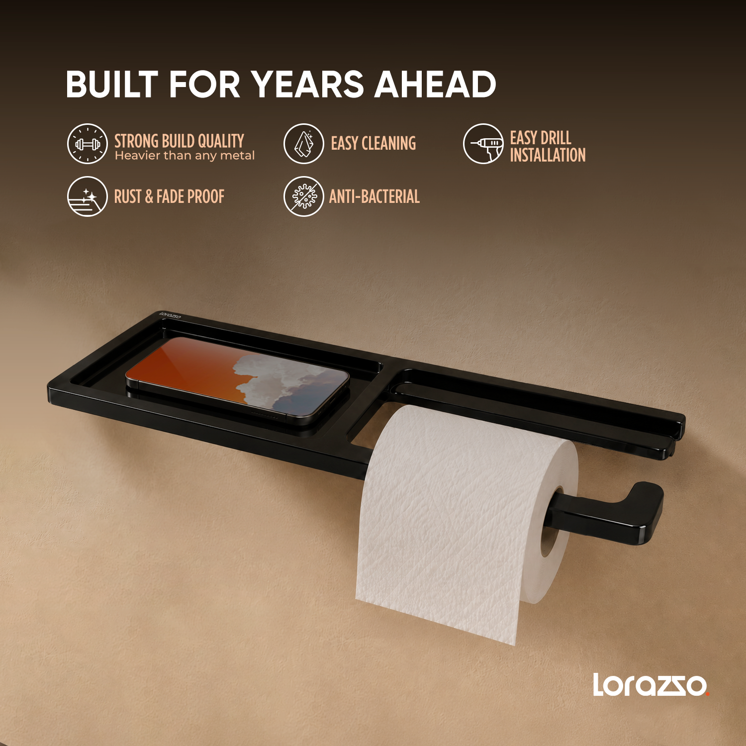 StoneTouch Toilet Paper & Phone Holder - Black - Faux Ceramic