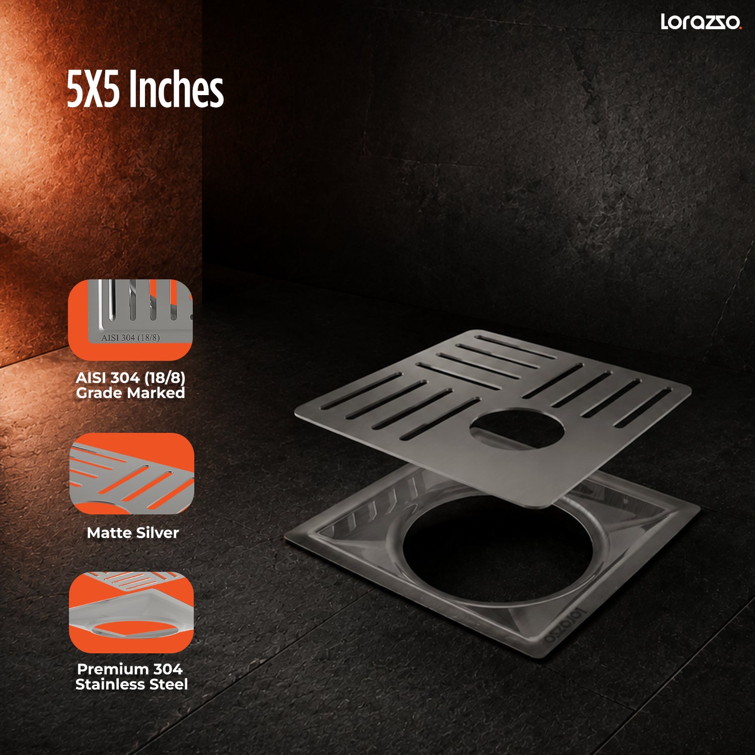 Crest™ SS304 Floor Drain with Pipe Hole (5X5 inches)