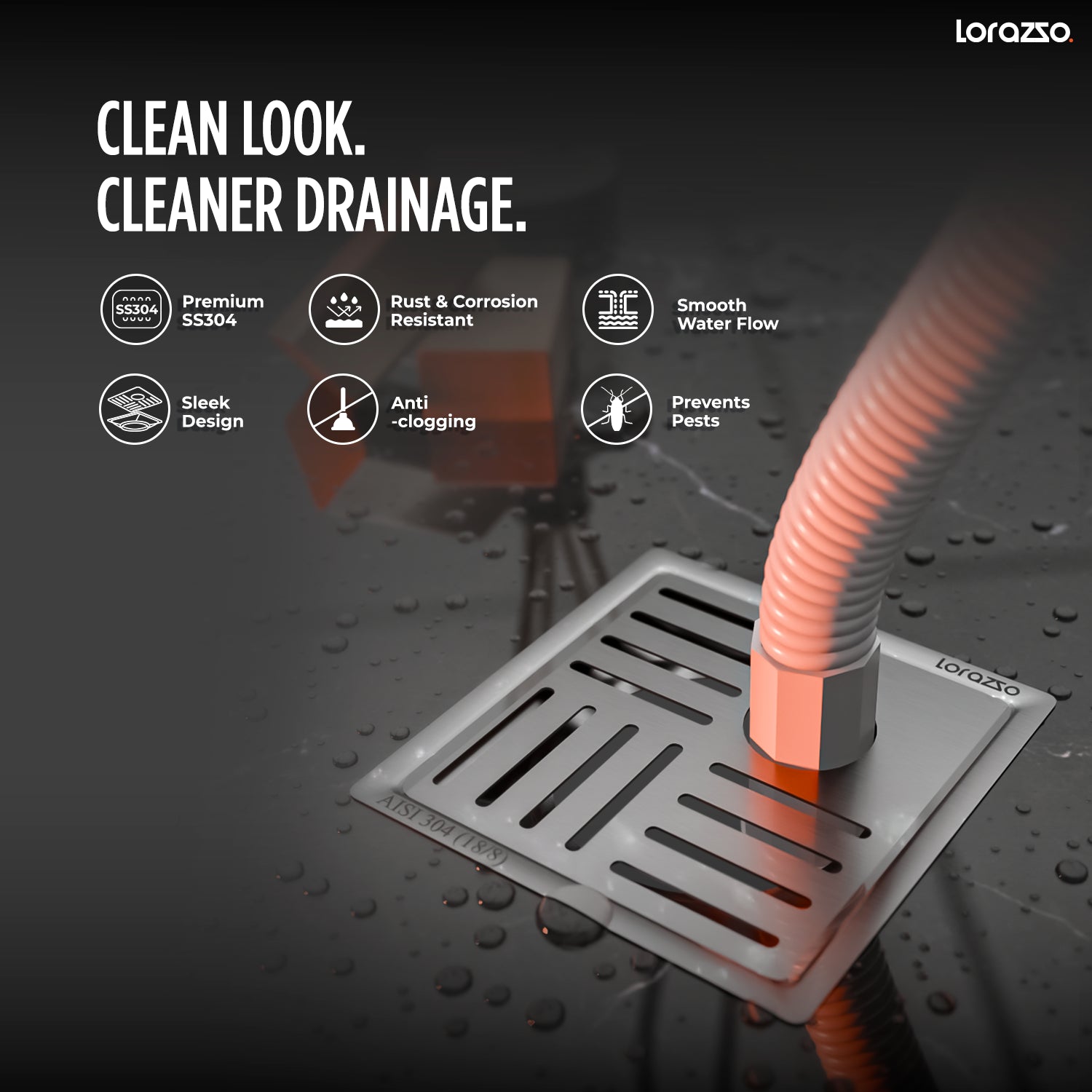Crest™ SS304 Floor Drain with Pipe Hole (5X5 inches)