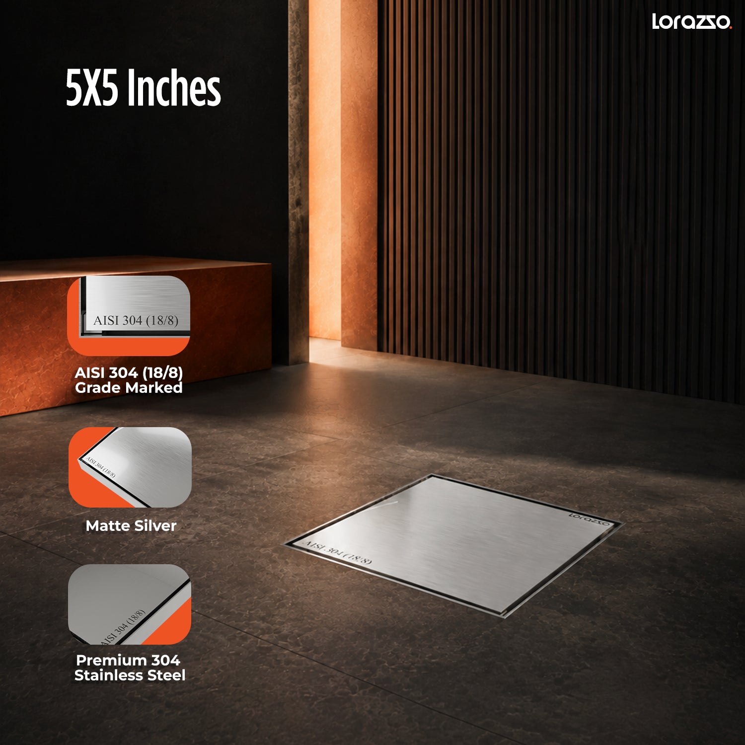 Linea™ Tile-Insert Shower Drain Channel (5X5 inches) with Built-in Cockroach Trap
