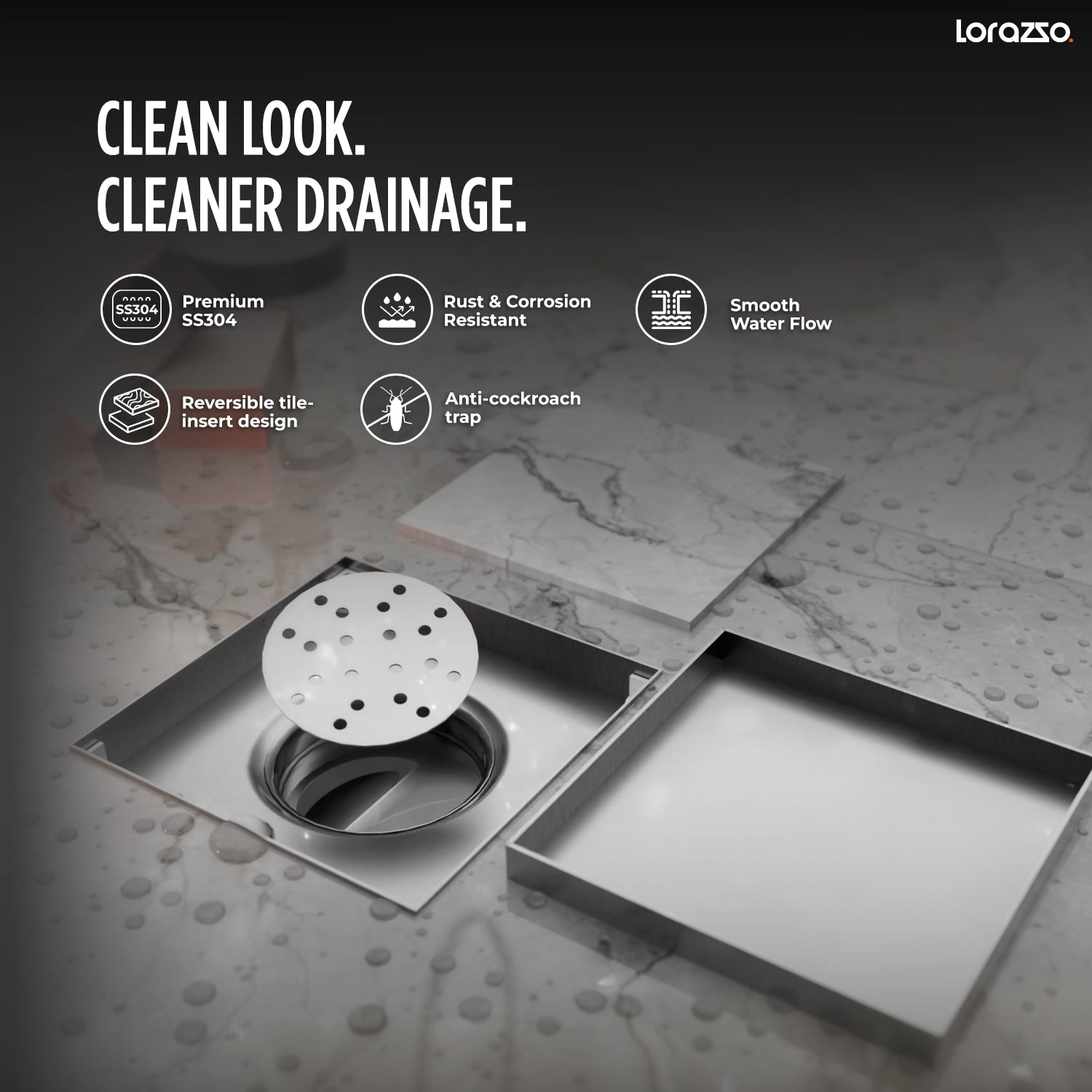 Linea™ Tile-Insert Shower Drain Channel (5X5 inches) with Built-in Cockroach Trap
