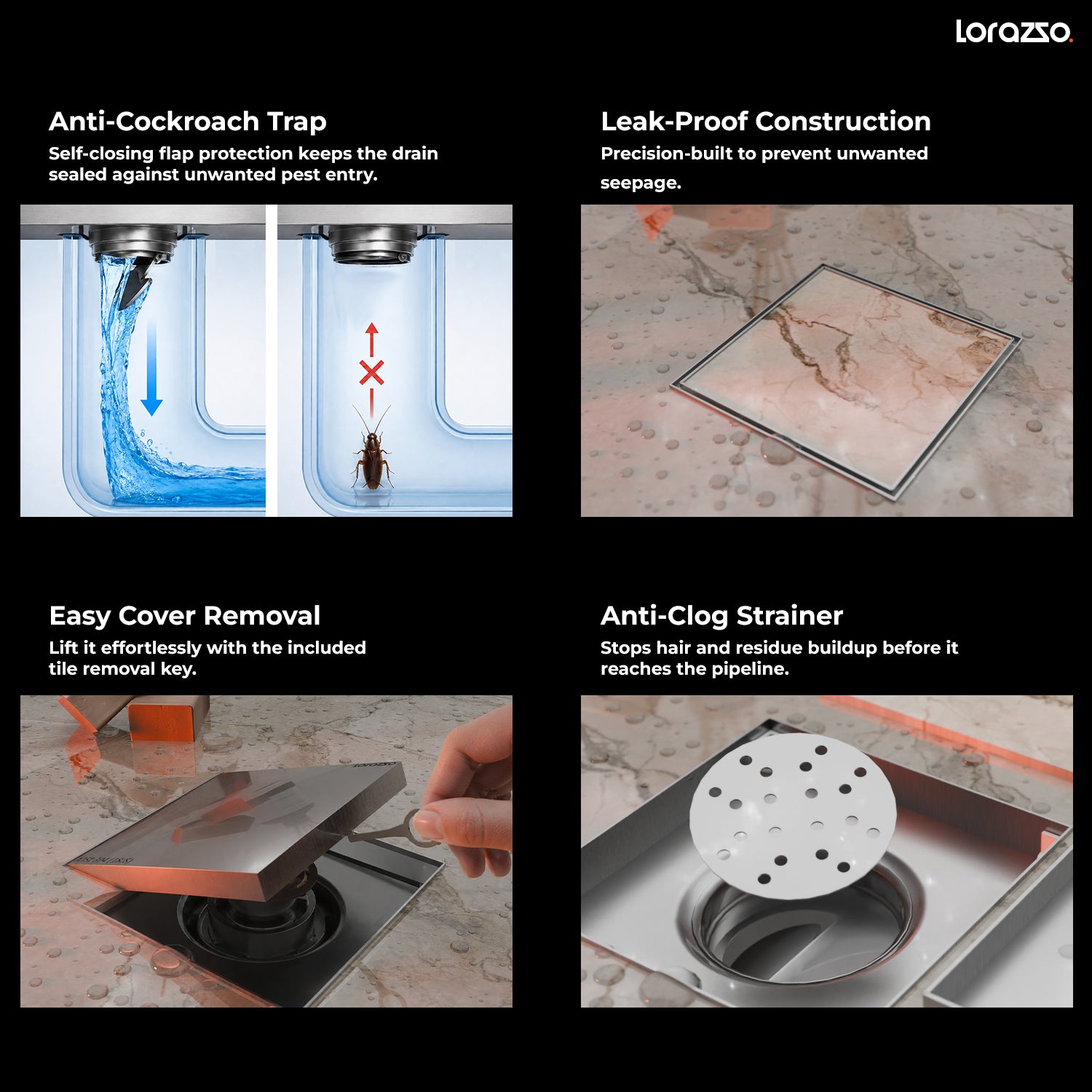 Linea™ Tile-Insert Shower Drain Channel (5X5 inches) with Built-in Cockroach Trap