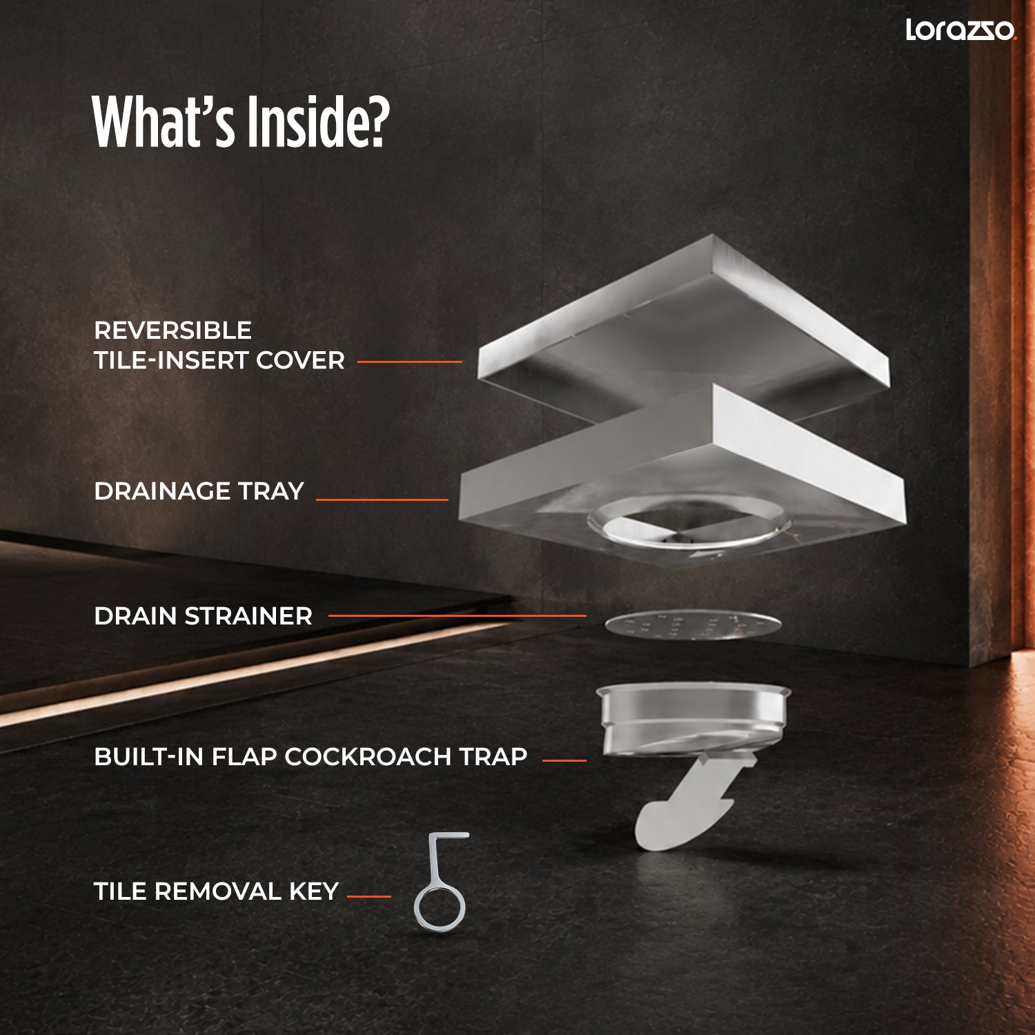 Linea™ Tile-Insert Shower Drain Channel (5X5 inches) with Built-in Cockroach Trap