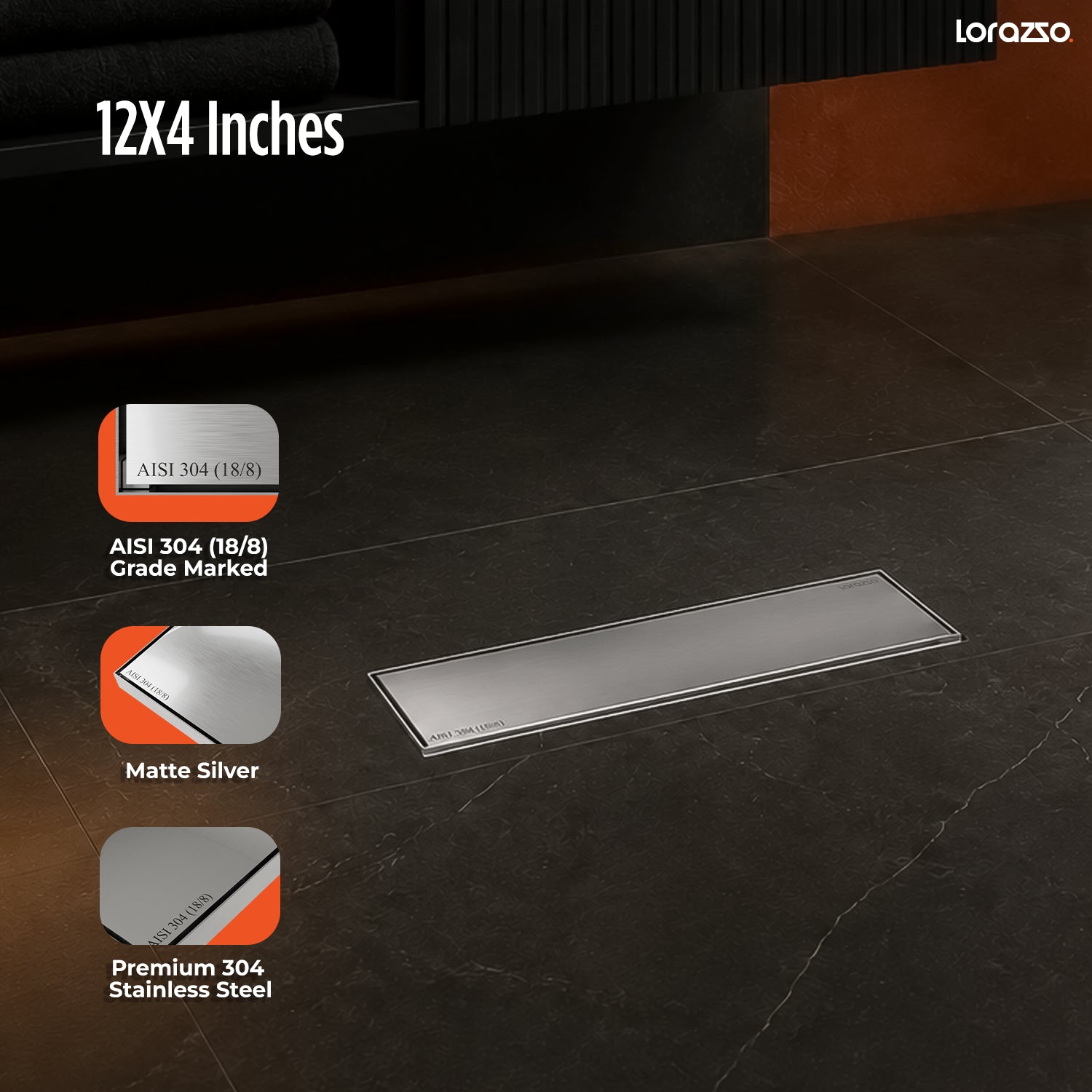 Linea™ Tile-Insert SS 304 Shower Drain Channel with Built-in Cockroach Trap  (12X4 inches)