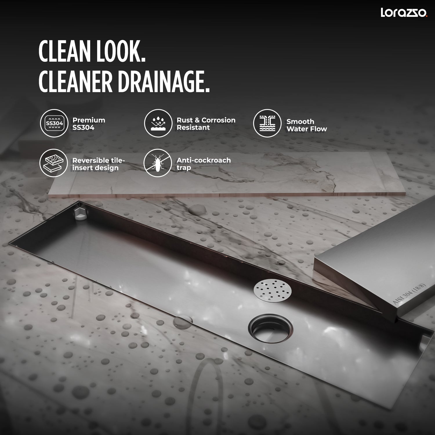 Linea™ Tile-Insert SS 304 Shower Drain Channel with Built-in Cockroach Trap  (12X4 inches)