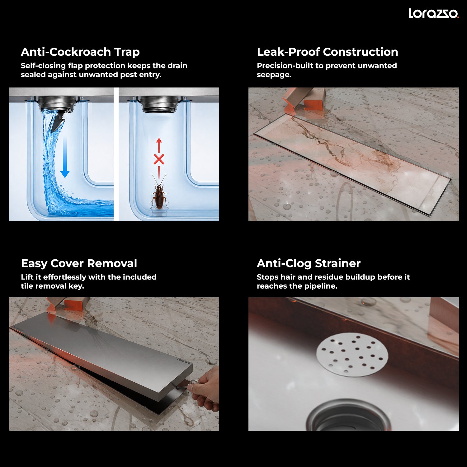 Linea™ Tile-Insert SS 304 Shower Drain Channel with Built-in Cockroach Trap  (12X4 inches)