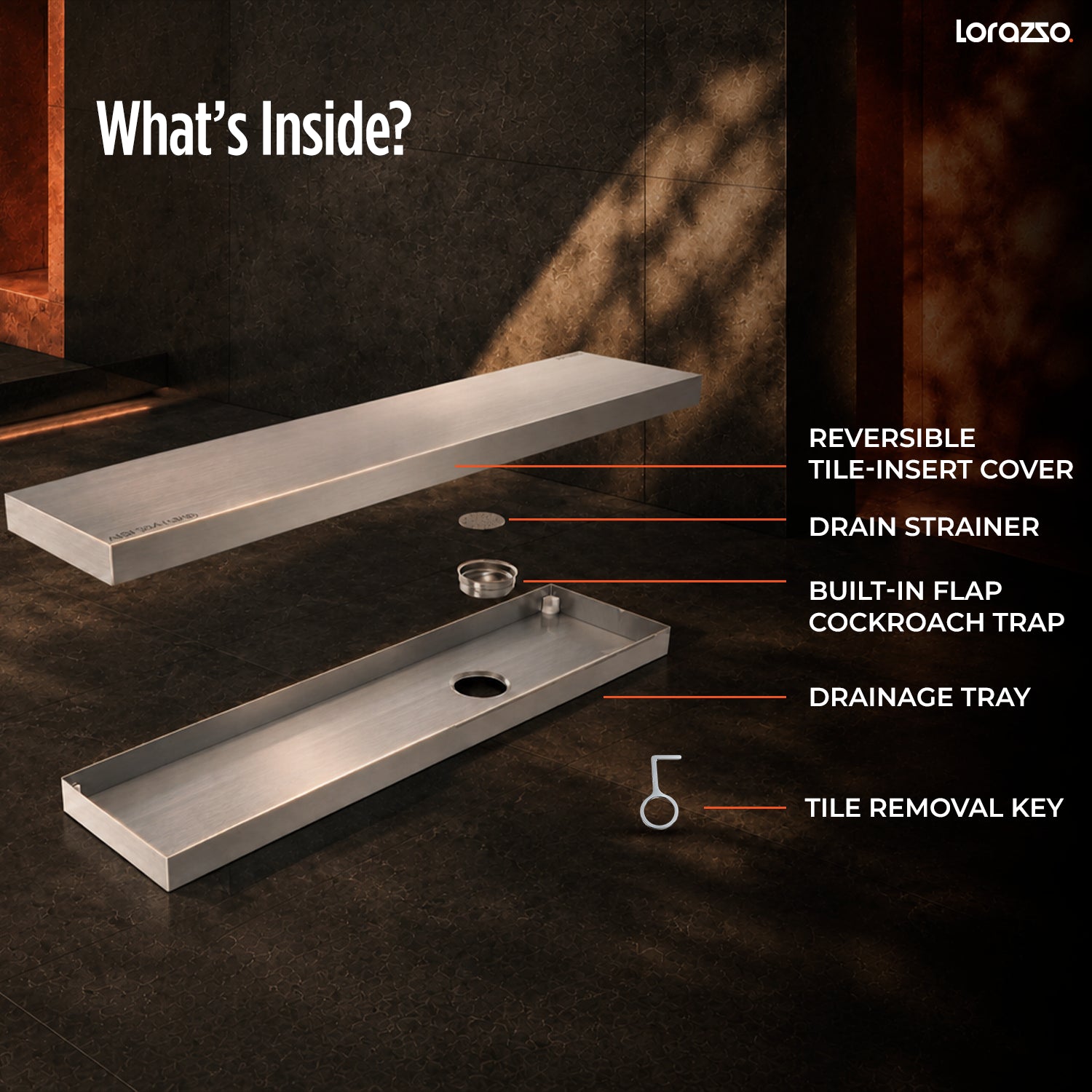 Linea™ Tile-Insert SS 304 Shower Drain Channel with Built-in Cockroach Trap  (12X4 inches)