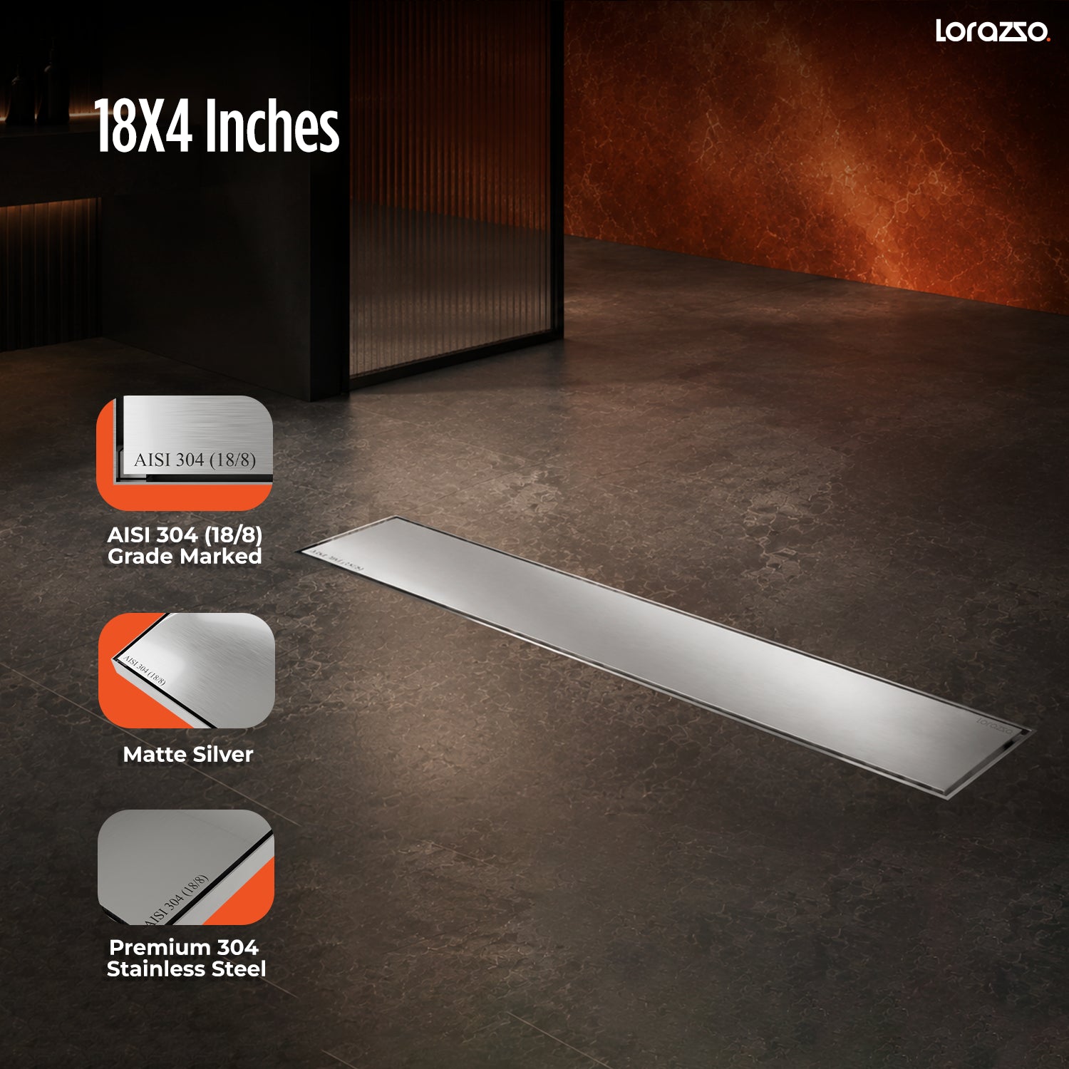 Linea™ Tile-Insert SS304 Shower Drain Channel with Built-in Cockroach Trap (18X4 inches)