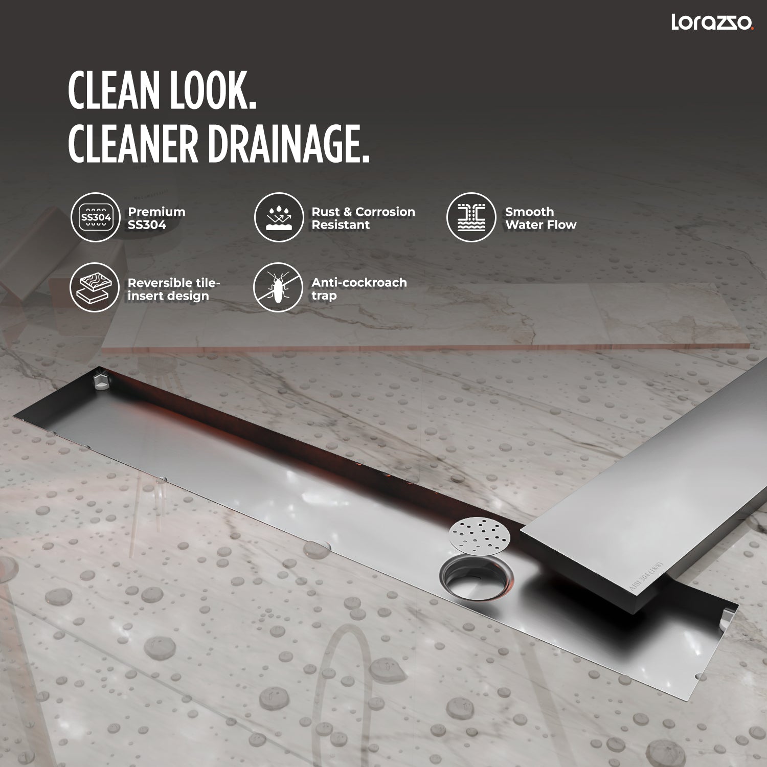 Linea™ Tile-Insert SS304 Shower Drain Channel with Built-in Cockroach Trap (18X4 inches)