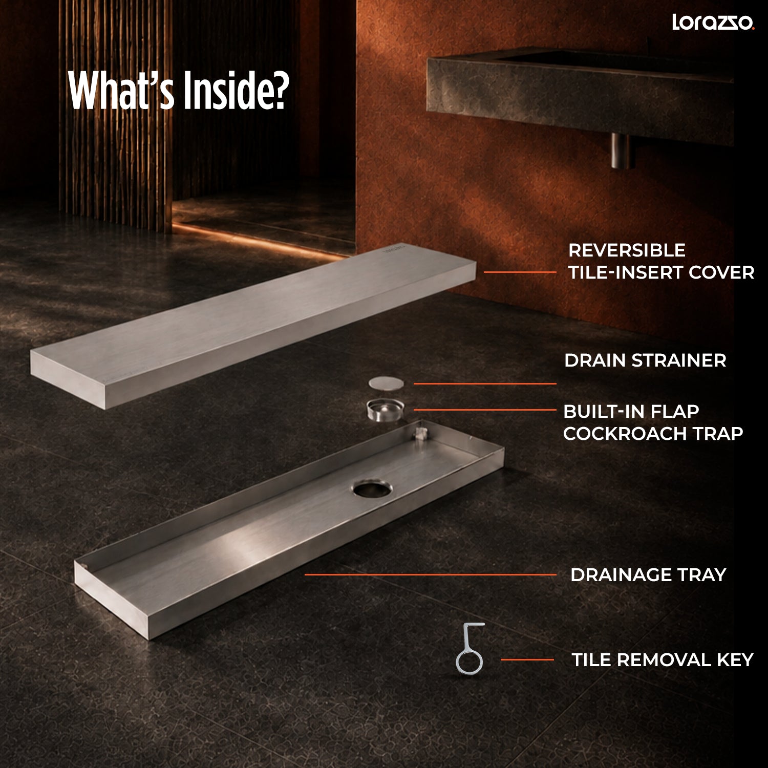 Linea™ Tile-Insert SS304 Shower Drain Channel with Built-in Cockroach Trap (18X4 inches)