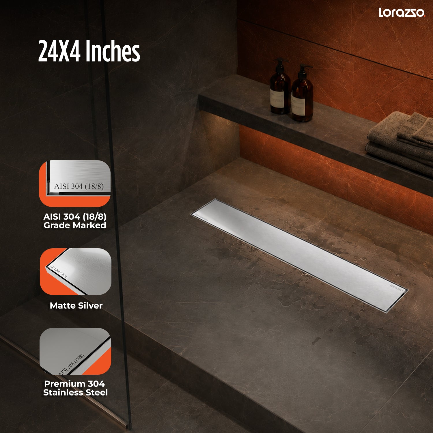 Linea™ Tile-Insert SS304 Shower Drain Channel with Built-in Cockroach Trap (24X4 inches)