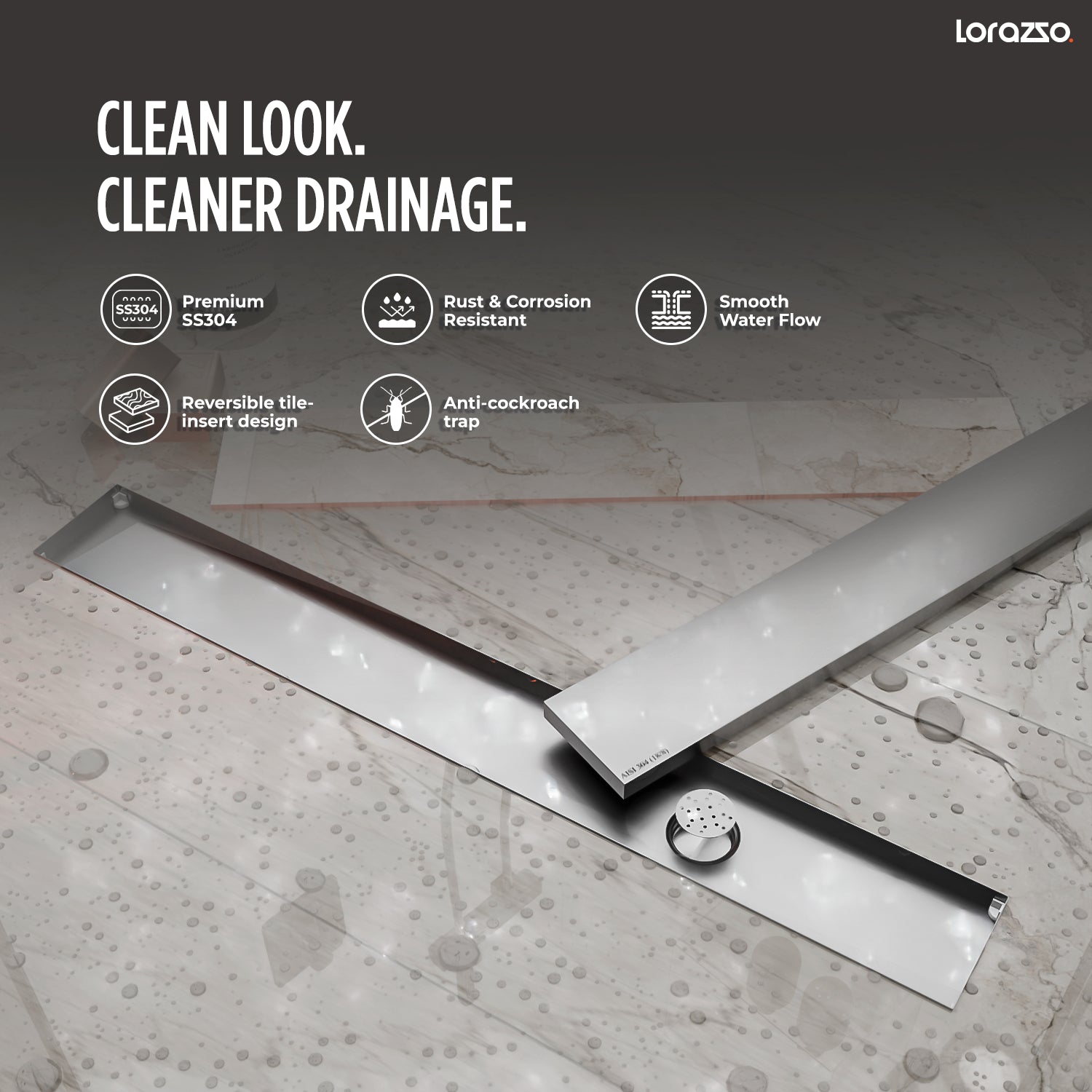 Linea™ Tile-Insert SS304 Shower Drain Channel with Built-in Cockroach Trap (24X4 inches)