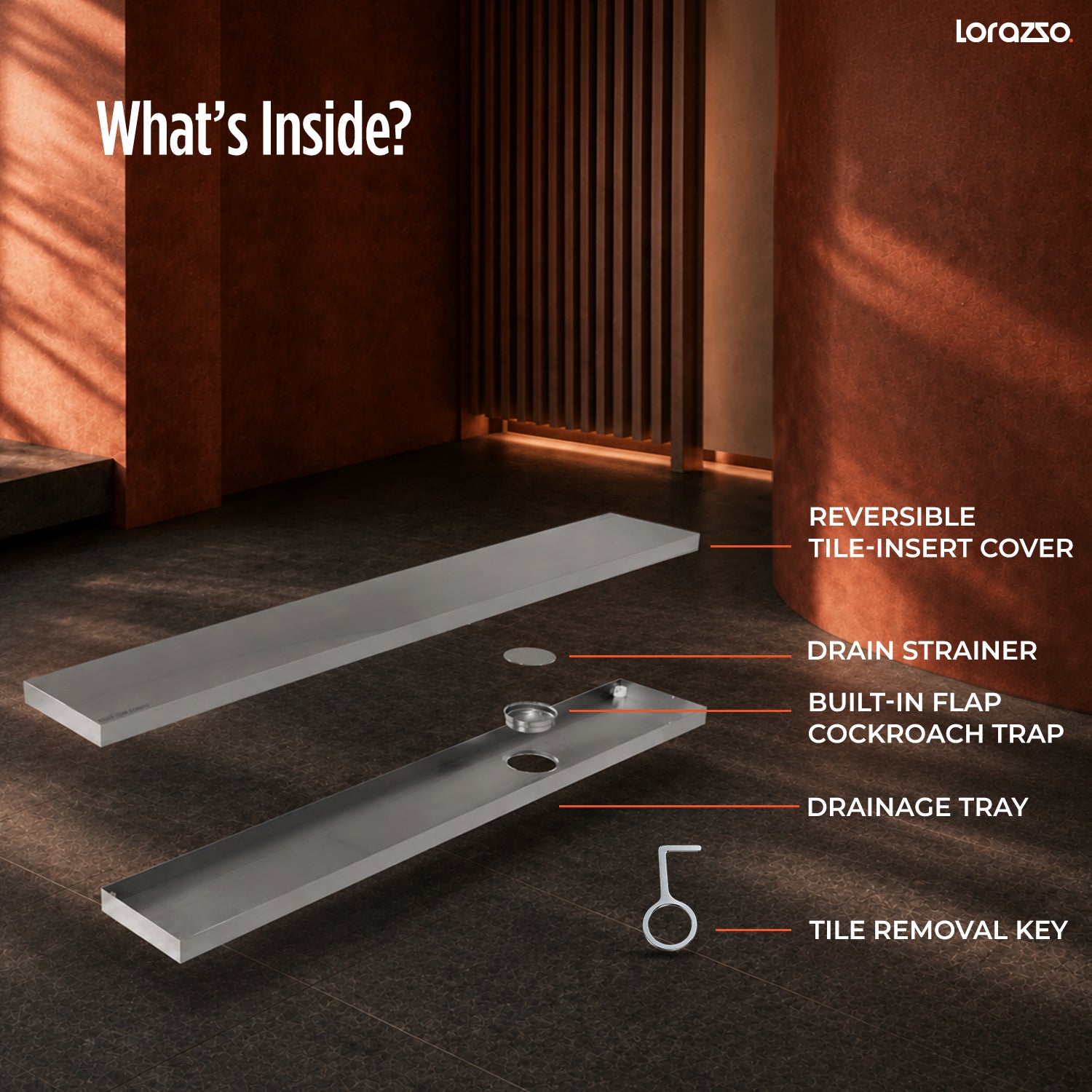 Linea™ Tile-Insert SS304 Shower Drain Channel with Built-in Cockroach Trap (24X4 inches)