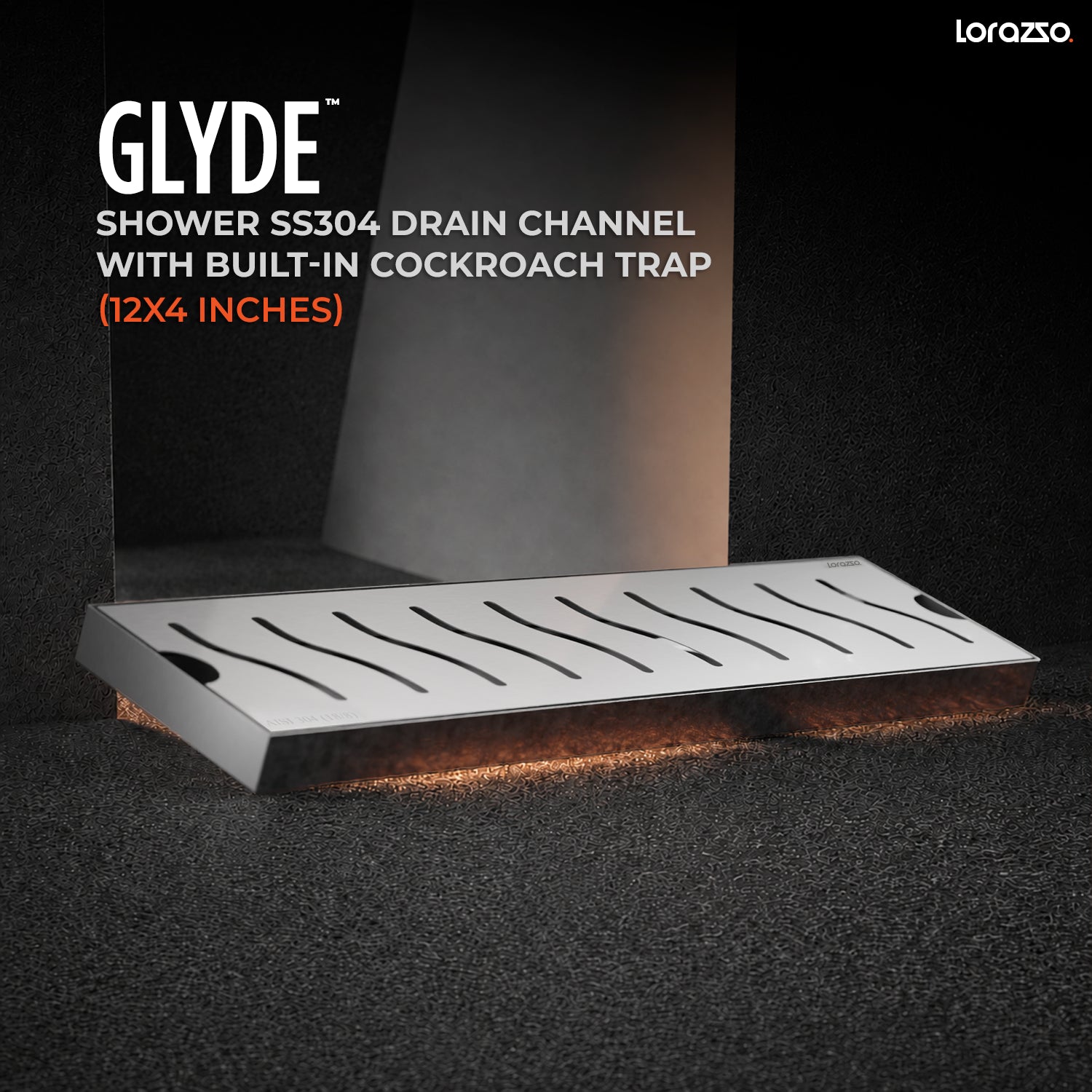 Glyde™ Shower SS304 Drain Channel with Built-in Cockroach Trap (12X4 inches)