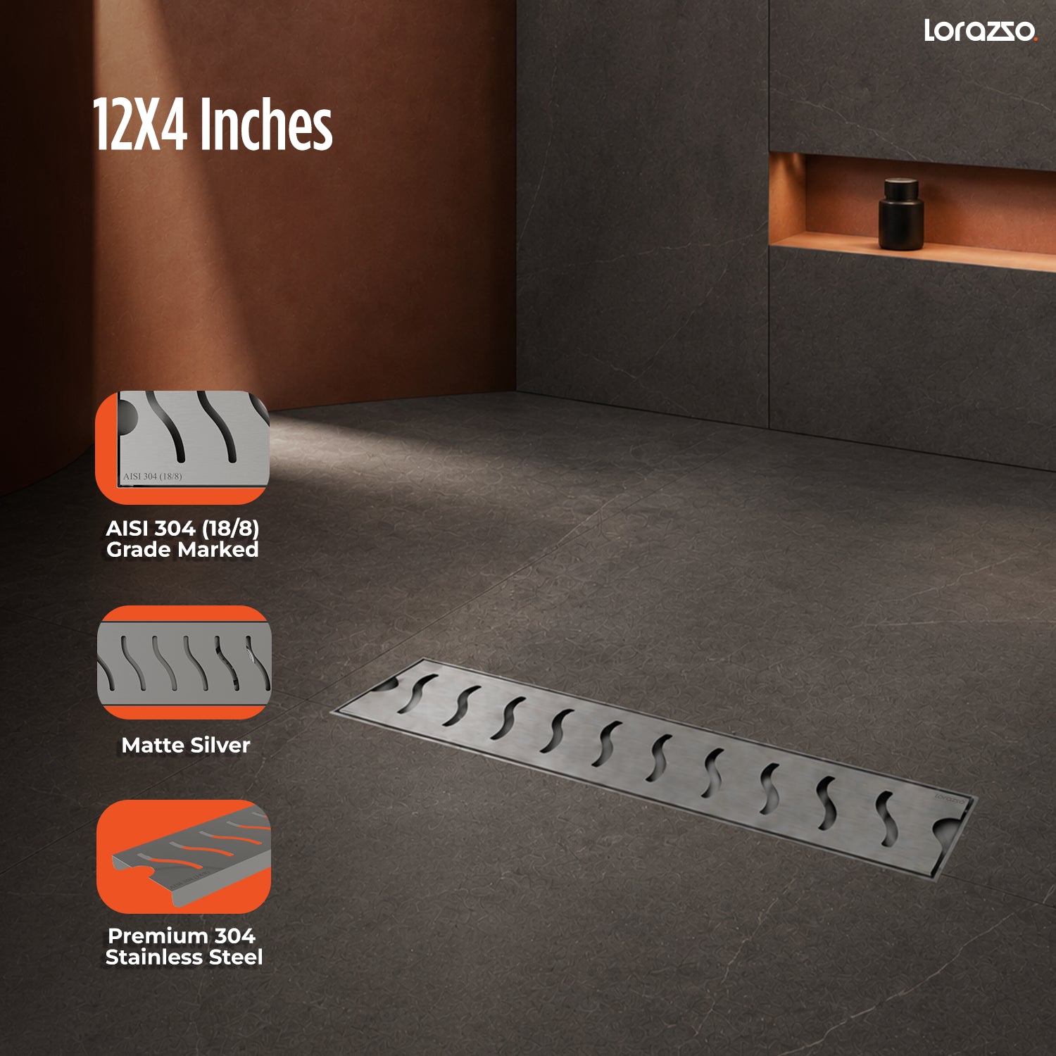 Glyde™ Shower SS304 Drain Channel with Built-in Cockroach Trap (12X4 inches)