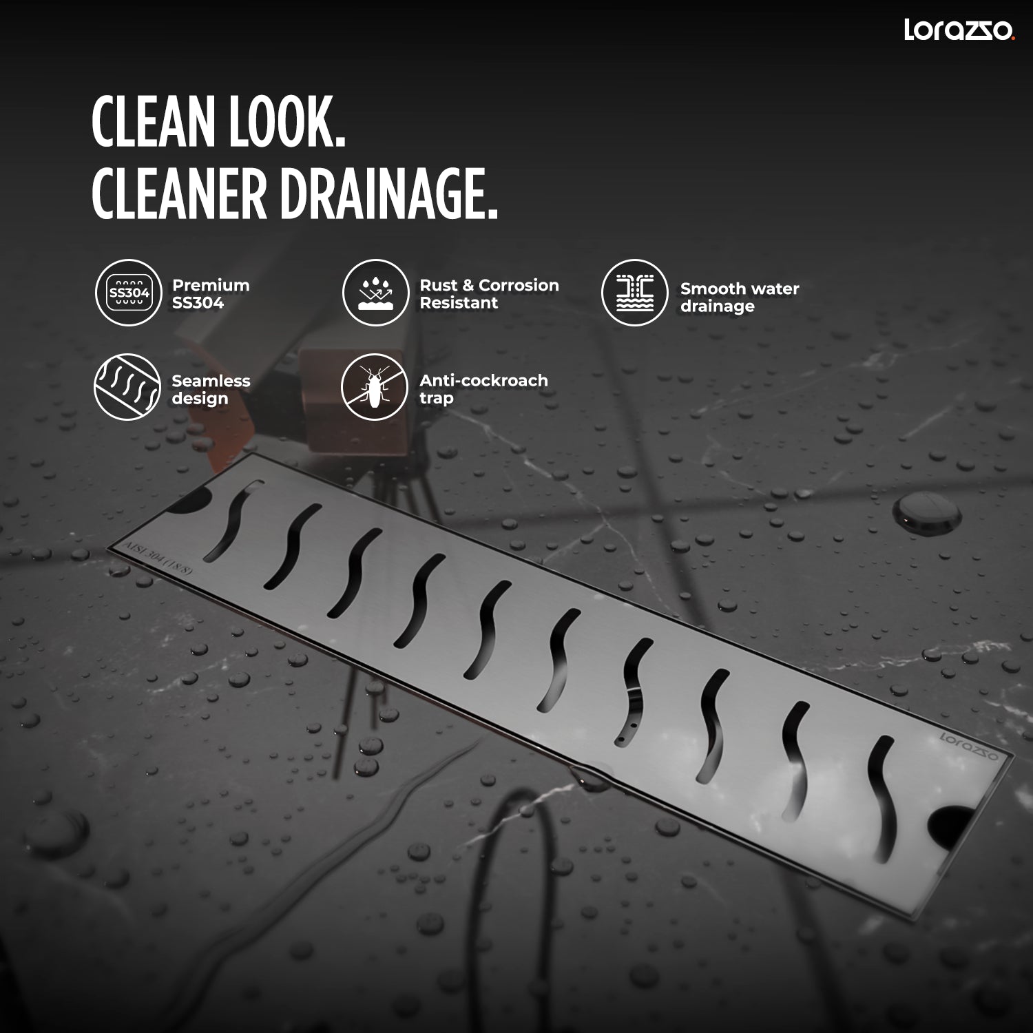 Glyde™ Shower SS304 Drain Channel with Built-in Cockroach Trap (12X4 inches)