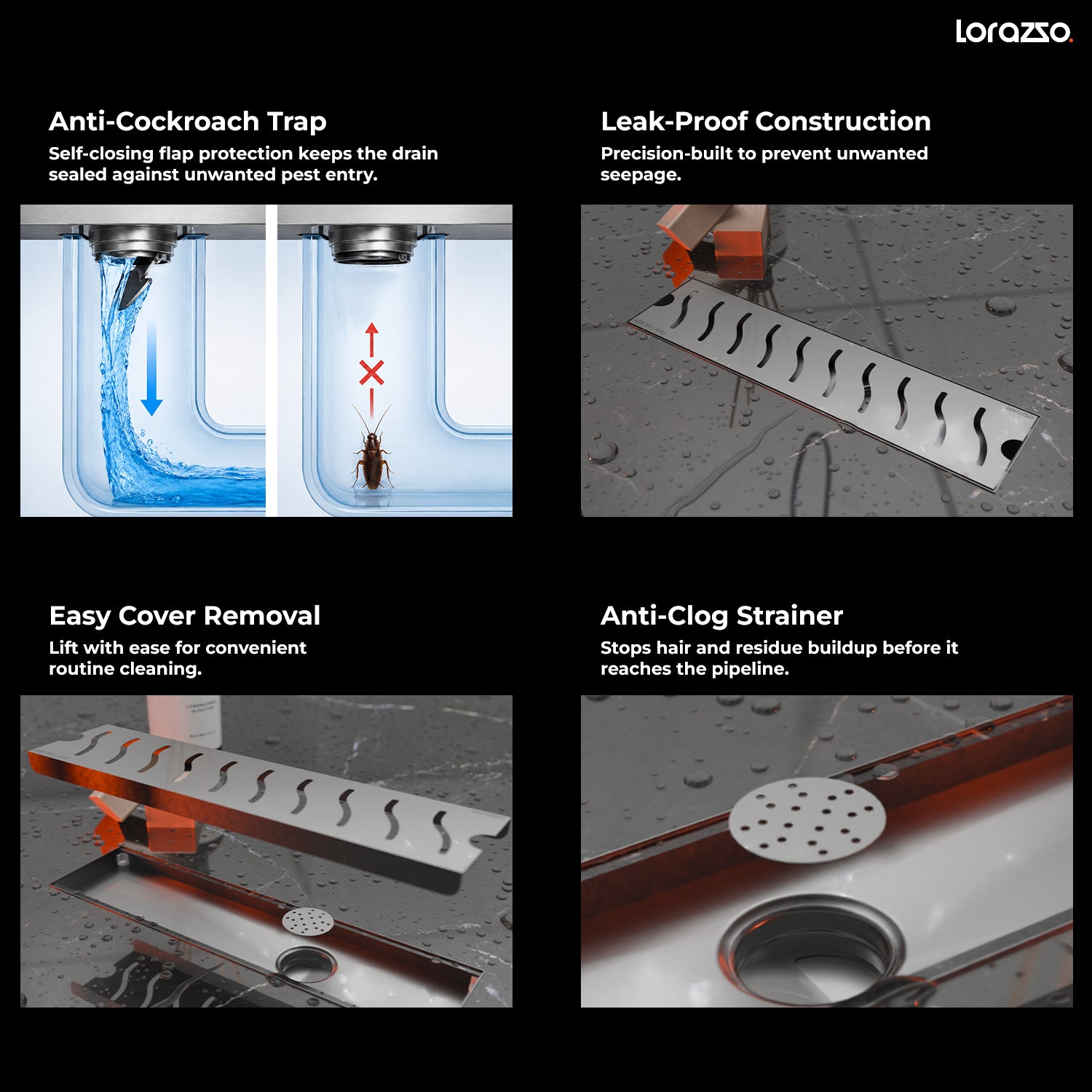 Glyde™ Shower SS304 Drain Channel with Built-in Cockroach Trap (12X4 inches)