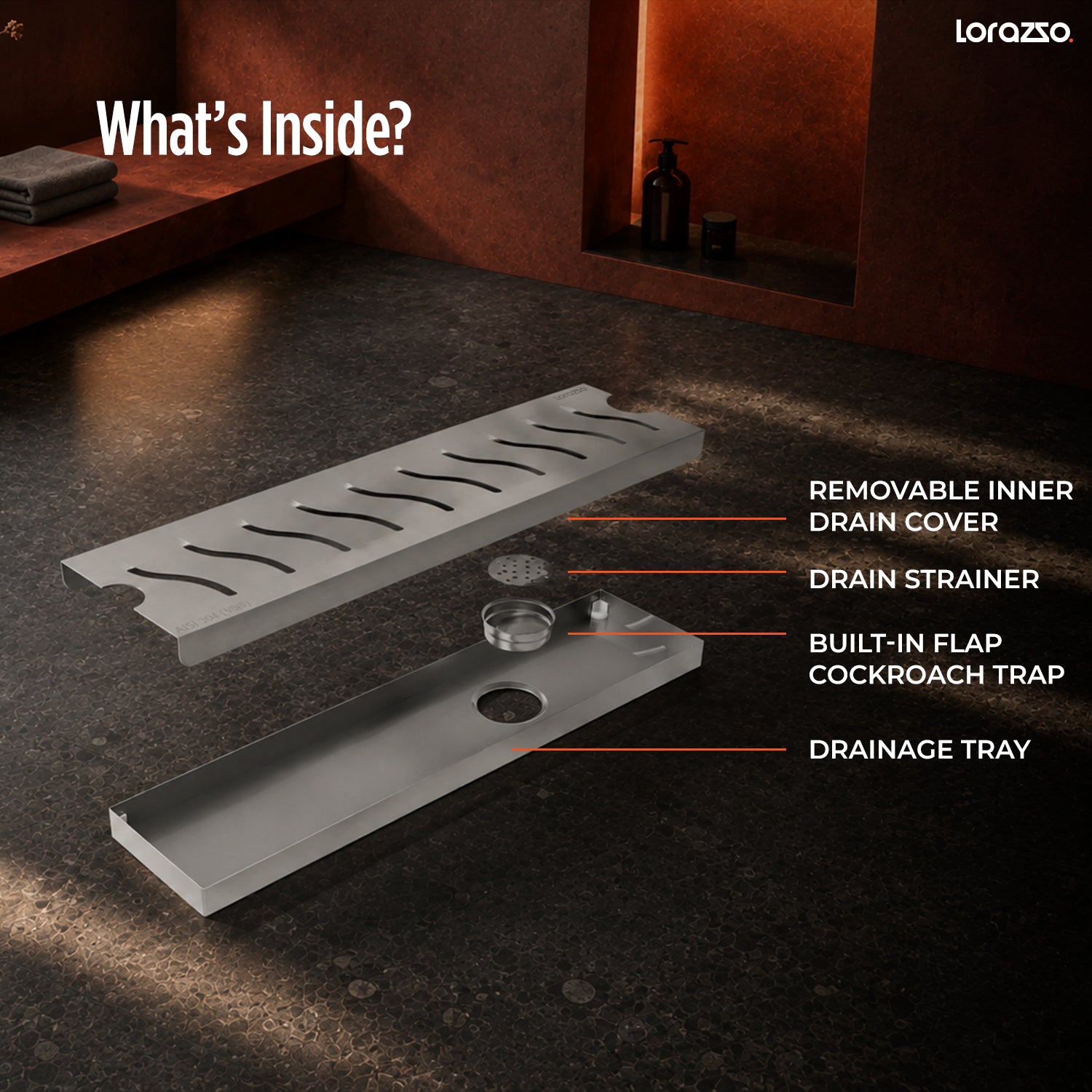 Glyde™ Shower SS304 Drain Channel with Built-in Cockroach Trap (12X4 inches)