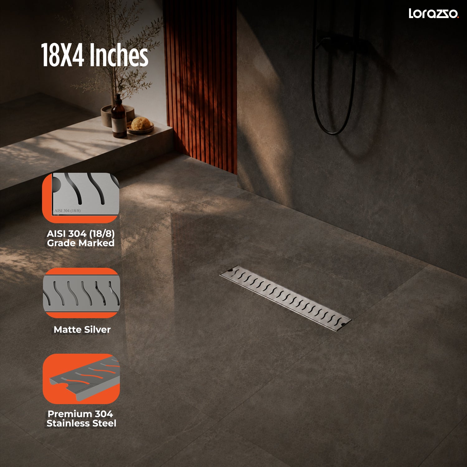 Glyde™ Shower SS304 Drain Channel with Built-in Cockroach Trap (18X4 inches)