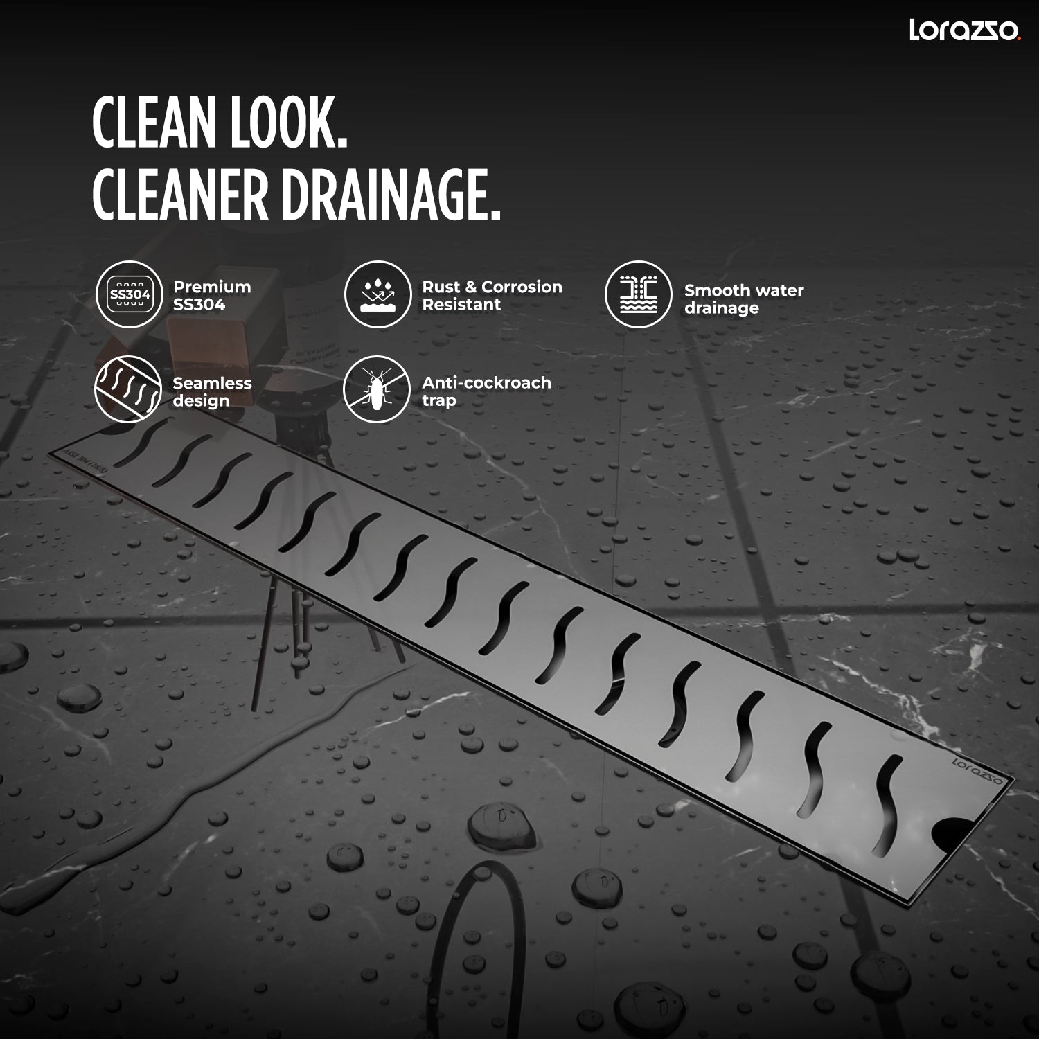 Glyde™ Shower SS304 Drain Channel with Built-in Cockroach Trap (18X4 inches)