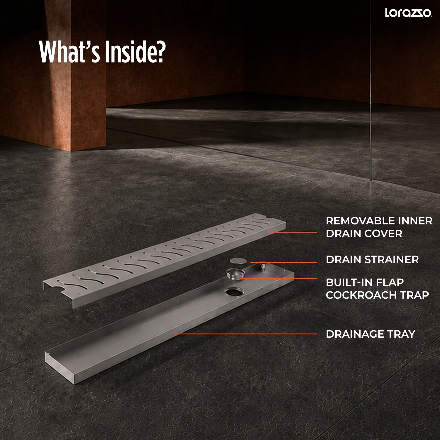 Glyde™ Shower SS304 Drain Channel with Built-in Cockroach Trap (18X4 inches)
