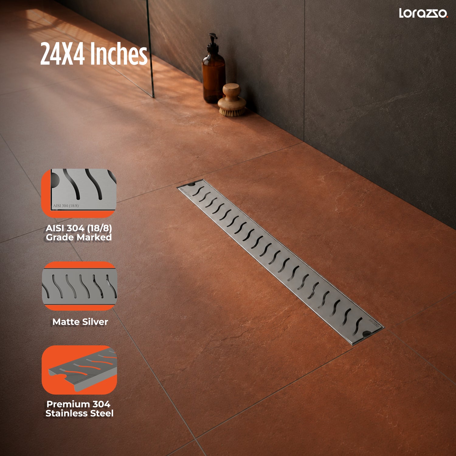 Glyde™ Shower SS304 Drain Channel (24X4 inches) with Built-in Cockroach Trap
