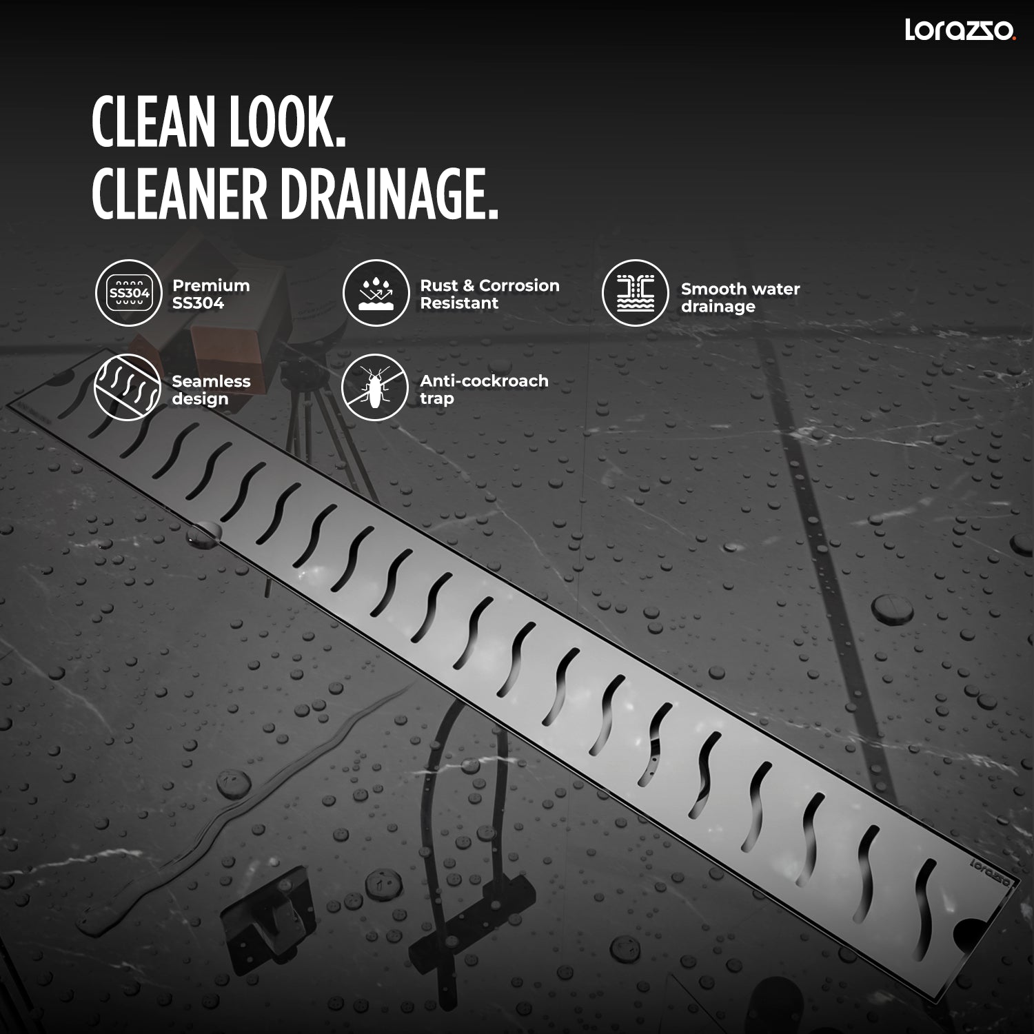 Glyde™ Shower SS304 Drain Channel (24X4 inches) with Built-in Cockroach Trap