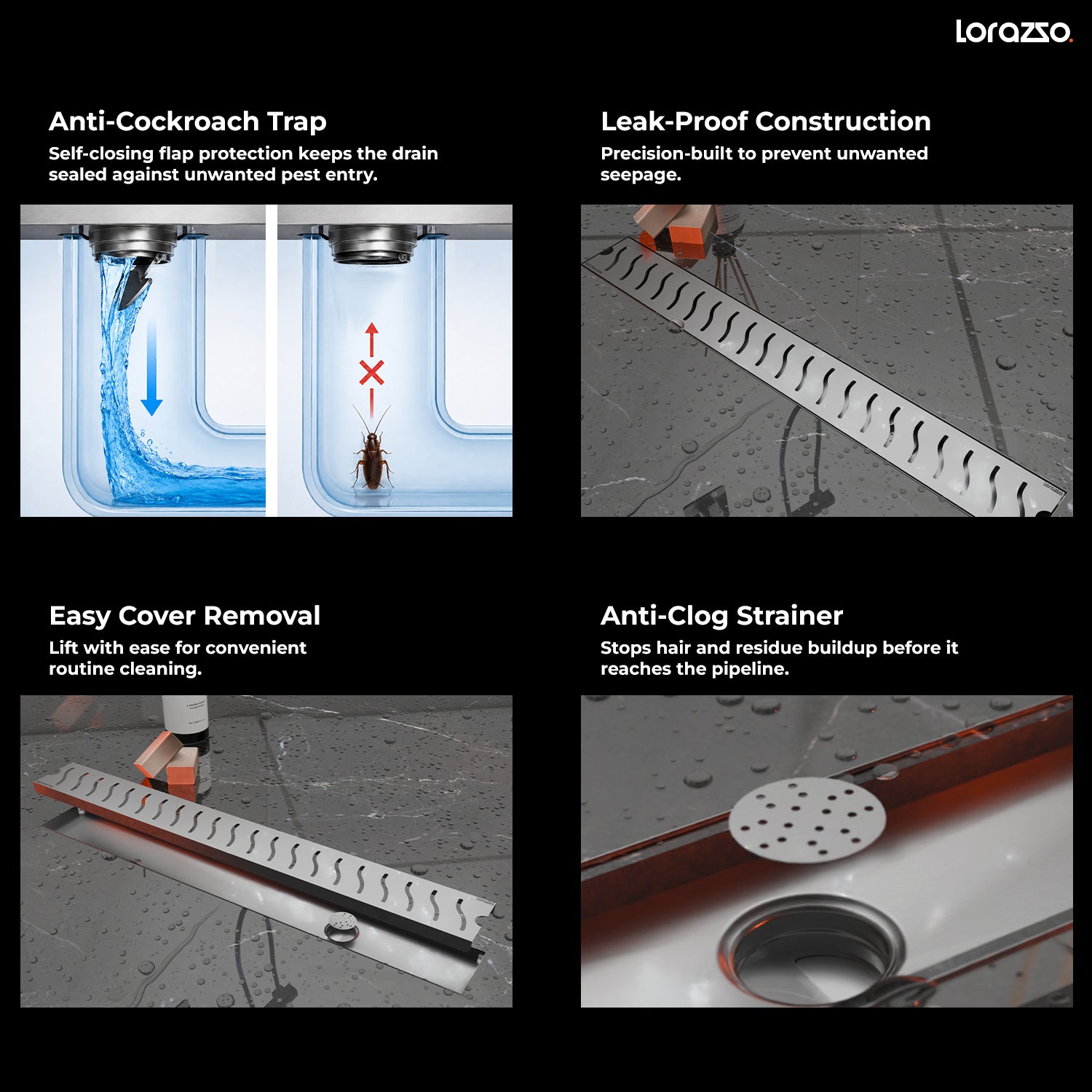 Glyde™ Shower SS304 Drain Channel (24X4 inches) with Built-in Cockroach Trap