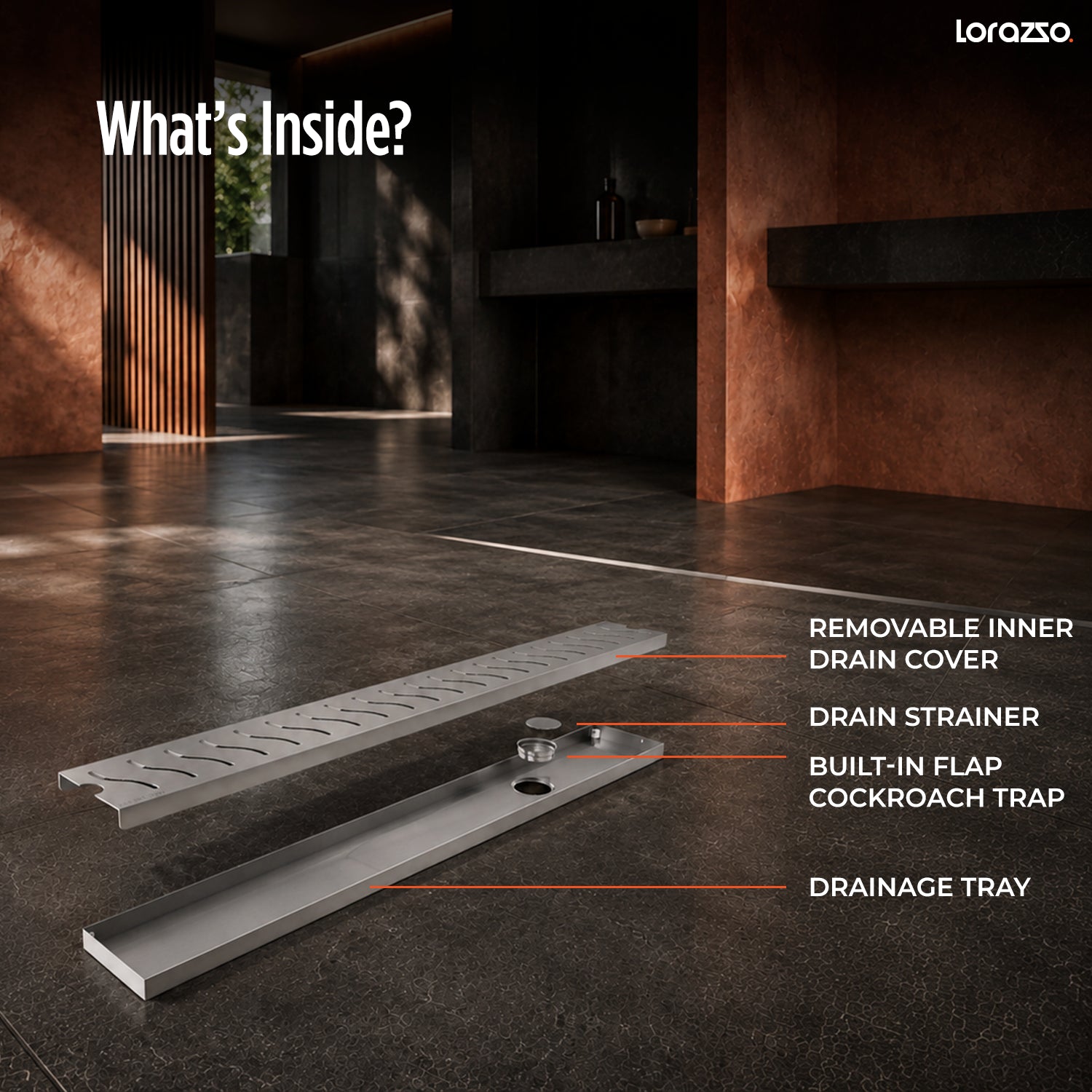 Glyde™ Shower SS304 Drain Channel (24X4 inches) with Built-in Cockroach Trap