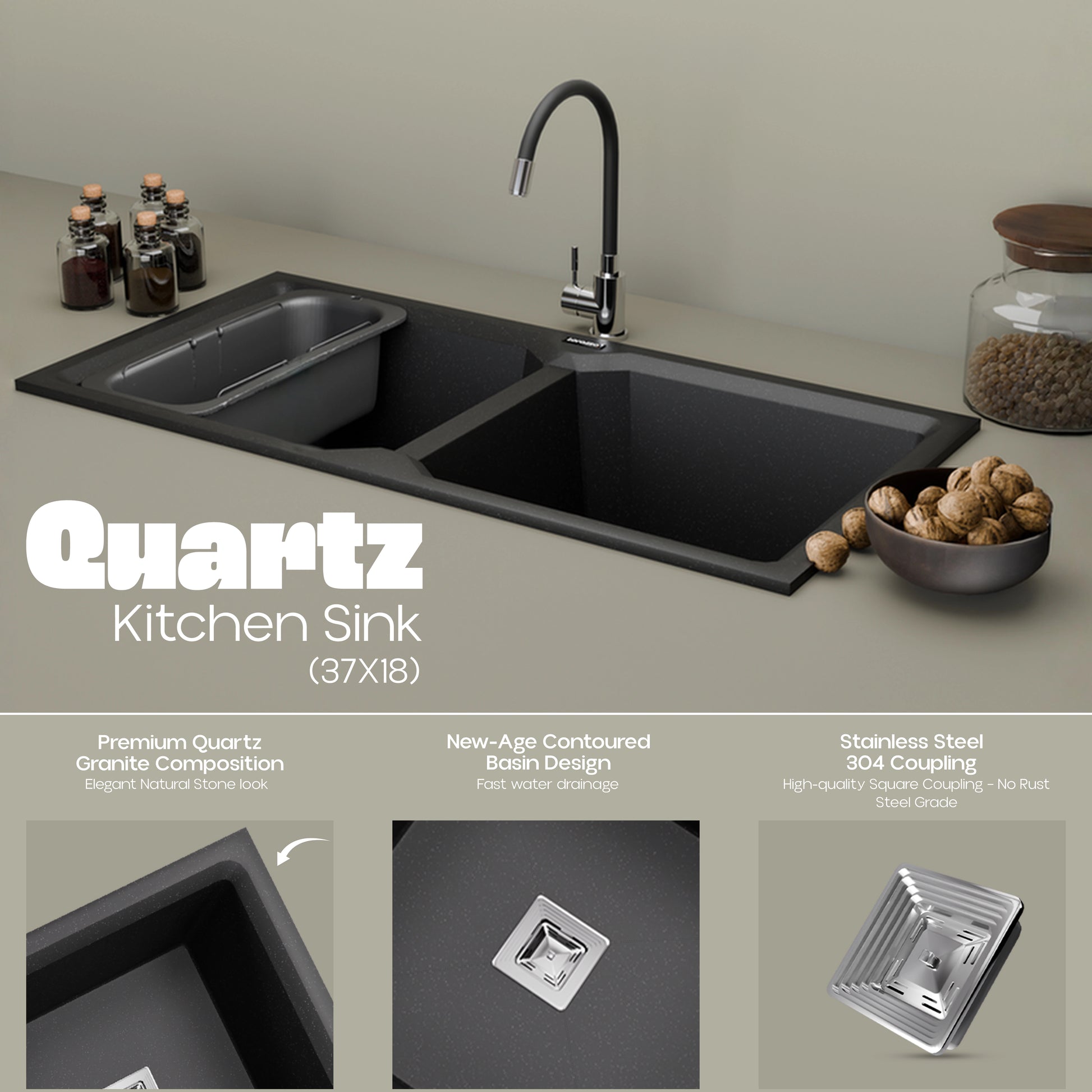 Quartz Double Bowl Kitchen Sink - 37X18 inches