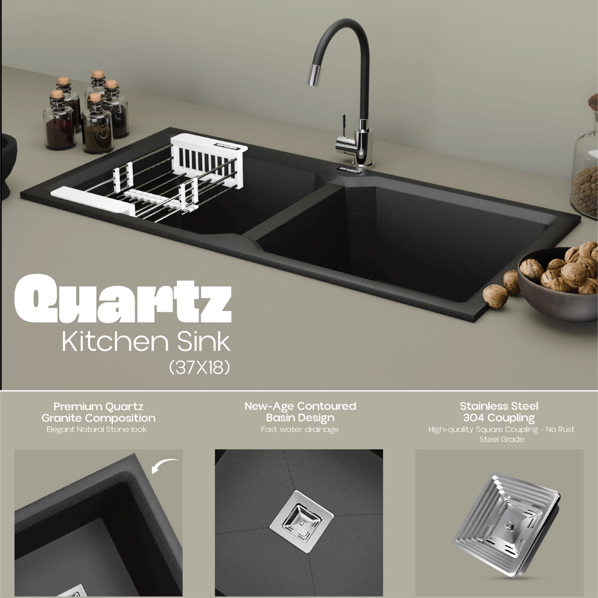 Quartz Double Bowl Kitchen Sink - 37X18 inches