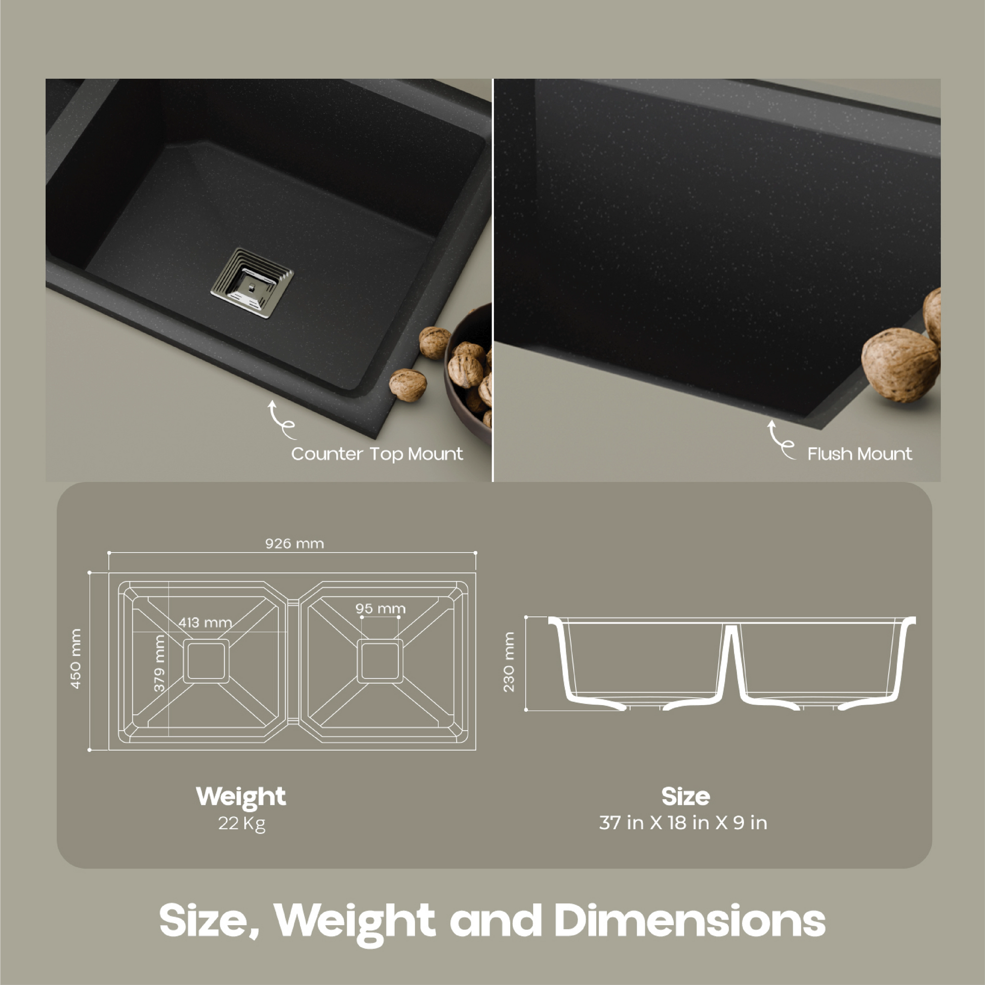 Quartz Double Bowl Kitchen Sink - 37X18 inches