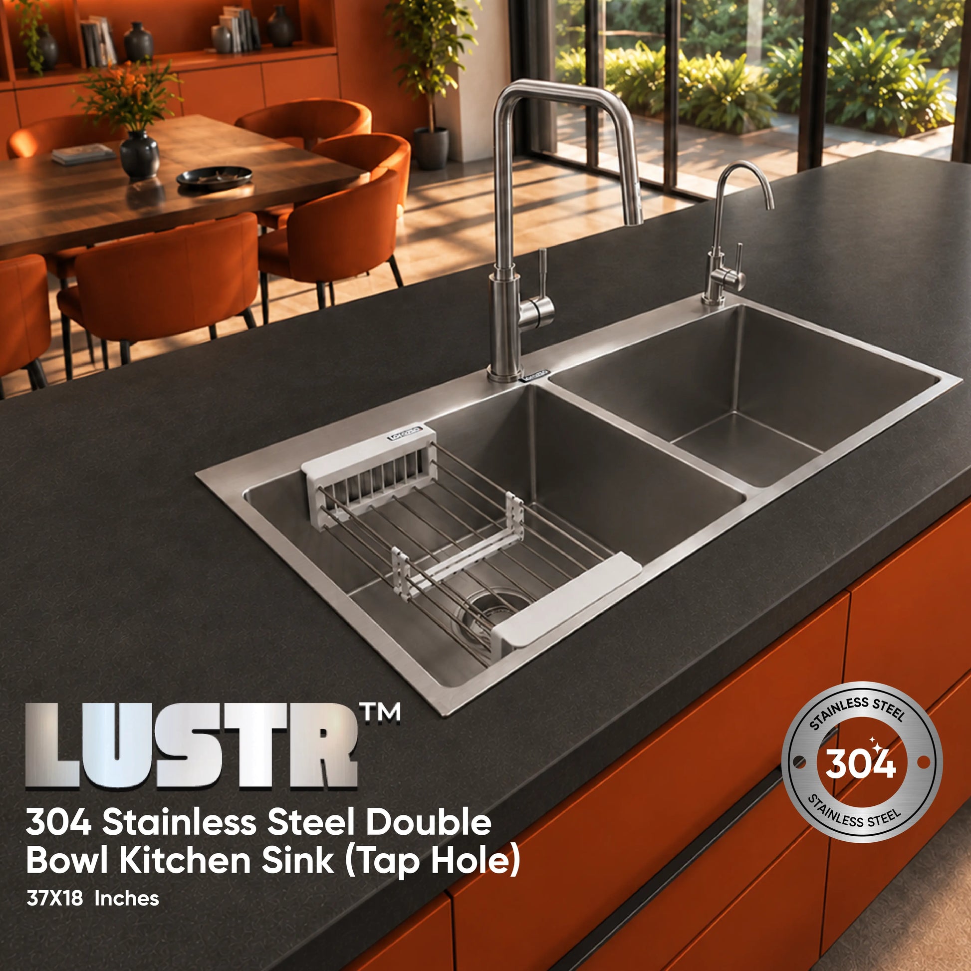 Lustr™ SS304 Double bowl Kitchen Sink with Tap Hole (37 x 18 inches)