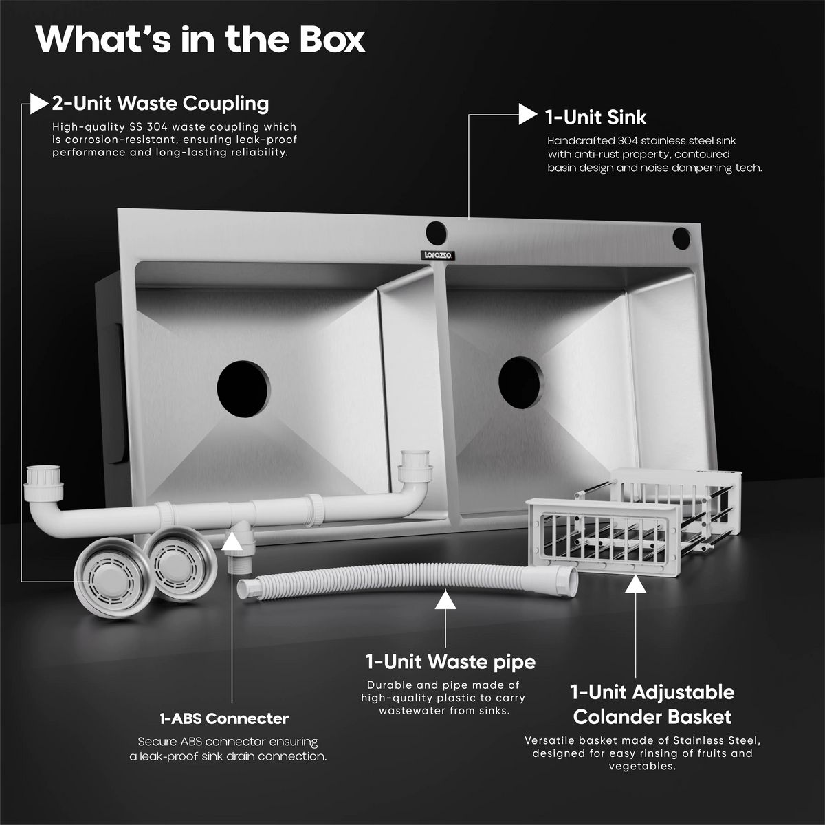 Lustr™ SS304 Double bowl Kitchen Sink with Tap Hole (37 x 18 inches)