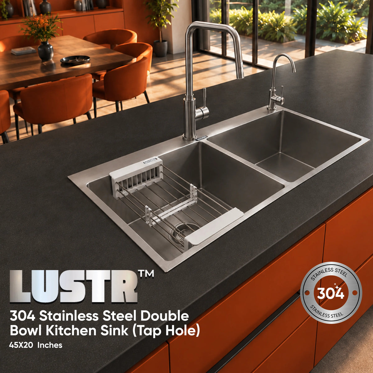 Lustr™ SS Double Bowl Kitchen Sink with Tap Hole (45 x 20)