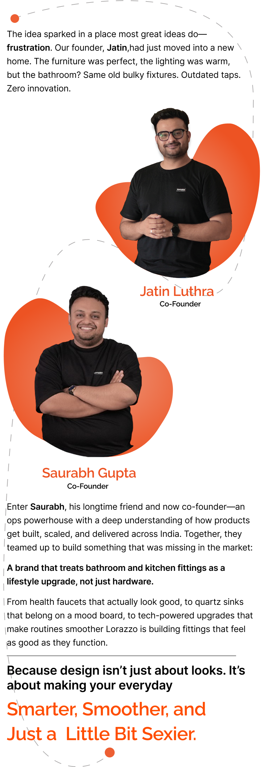 Two men, Jatin Luthra and Saurabh Gupta, with text about a brand's mission.