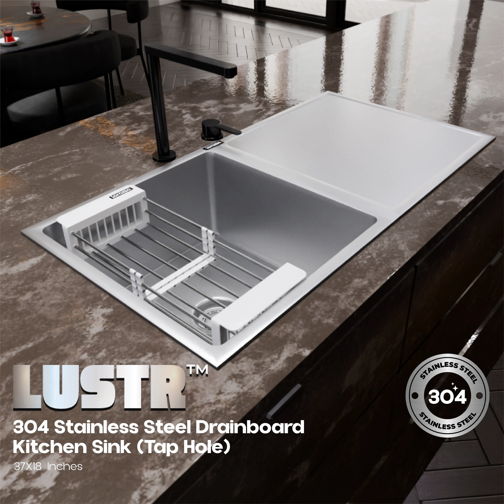 Lustr™ SS304 Kitchen Sink with Drainboard –  37 x 18 inches