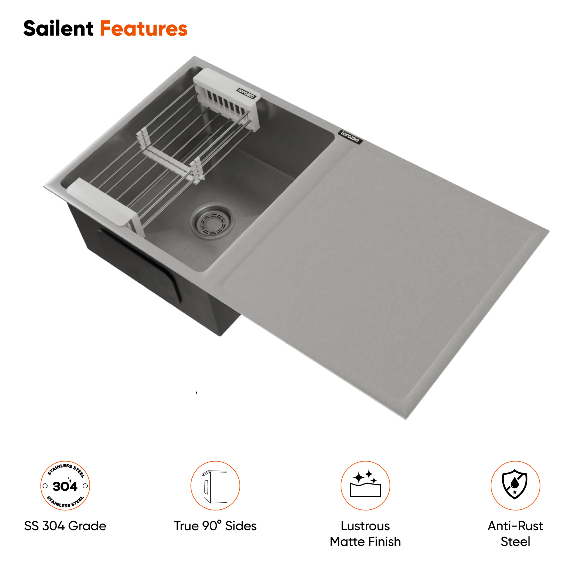Lustr™ SS304 Kitchen Sink with Drainboard –  37 x 18 inches