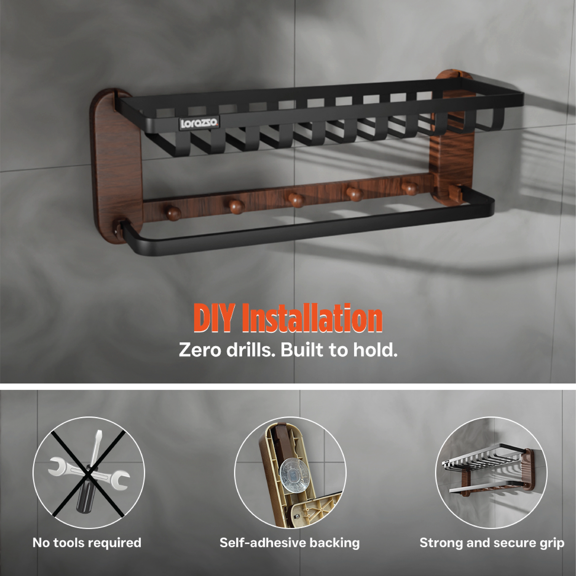 Self-Adhesive Towel Rack - 24 inch | Drill-Free Installation | Holds Up to 20 KG