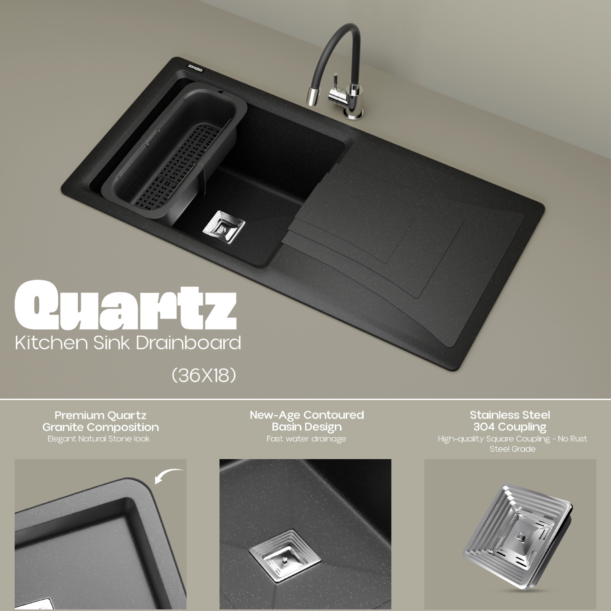 Quartz Kitchen Sink with Drainboard (36×18 Inches) – 10-Year Warranty