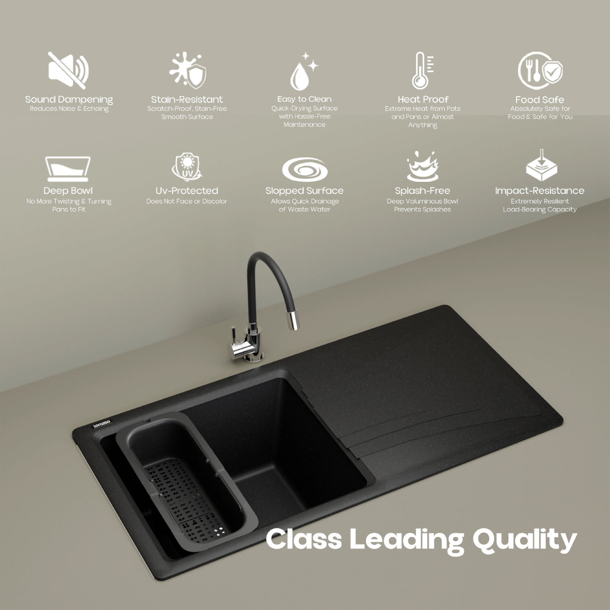 Quartz Kitchen Sink with Drainboard (36×18 Inches) – 10-Year Warranty