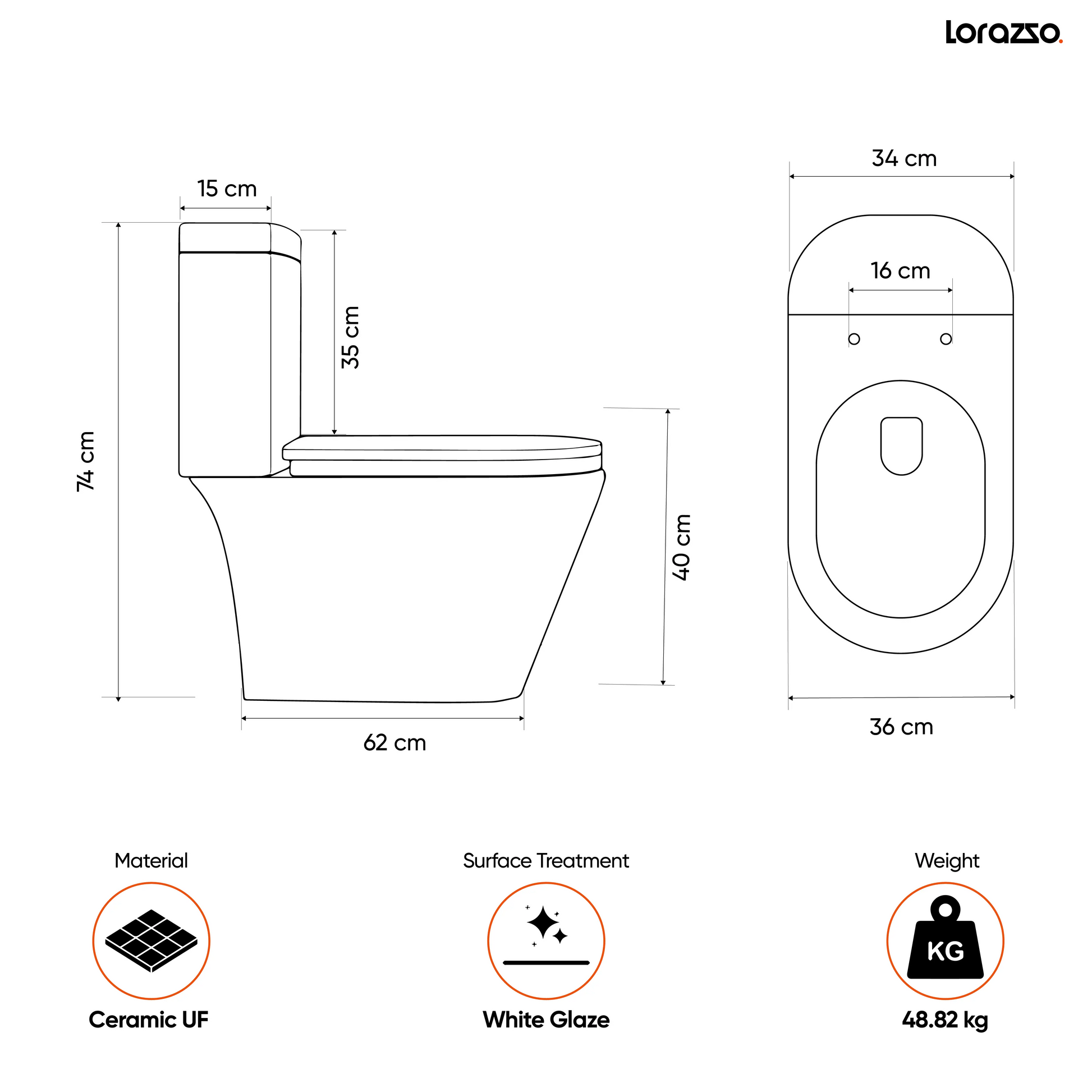 UNO™ One-Piece Ceramic Commode (62 × 36 × 74 cm)
