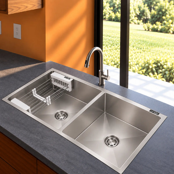 Lustr™ Double Bowl SS304 Kitchen Sink – 45 × 20 inches | 20-Year Warranty